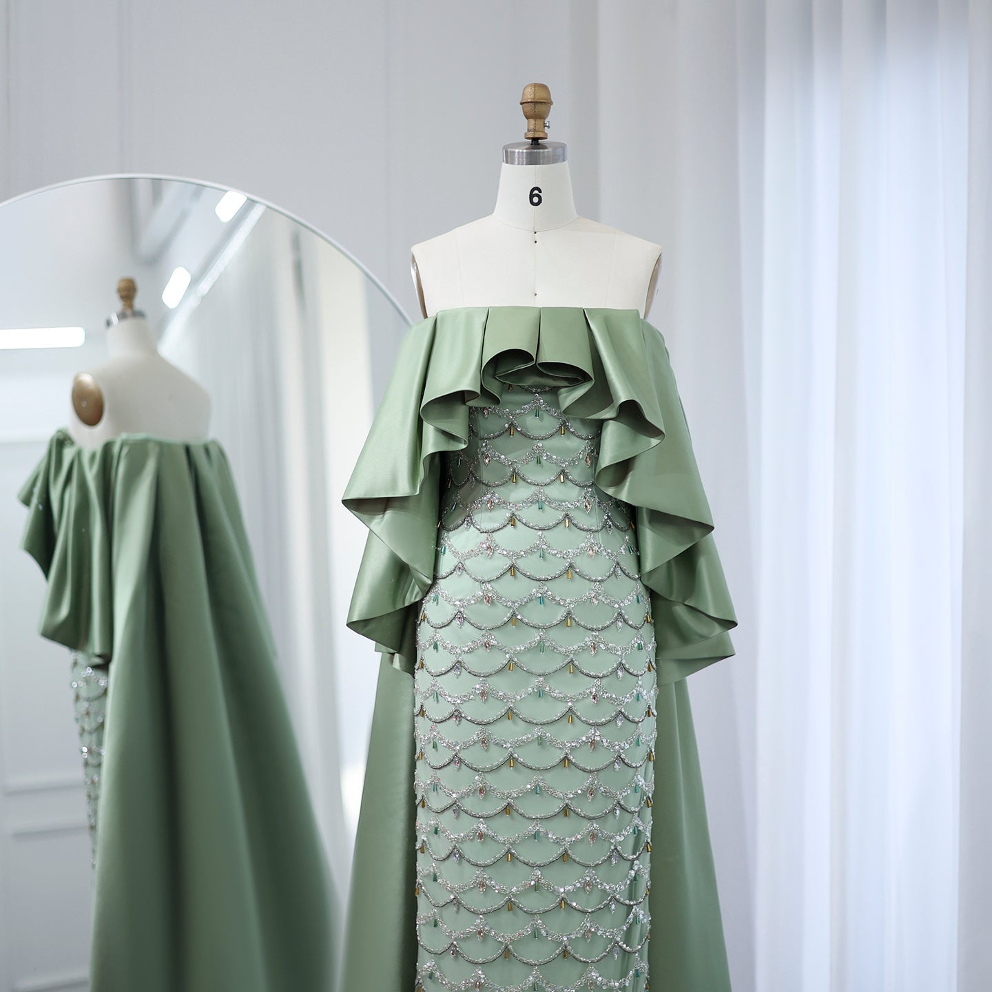 Luxury Sage Green Strapless Evening Dress with Cape SS383