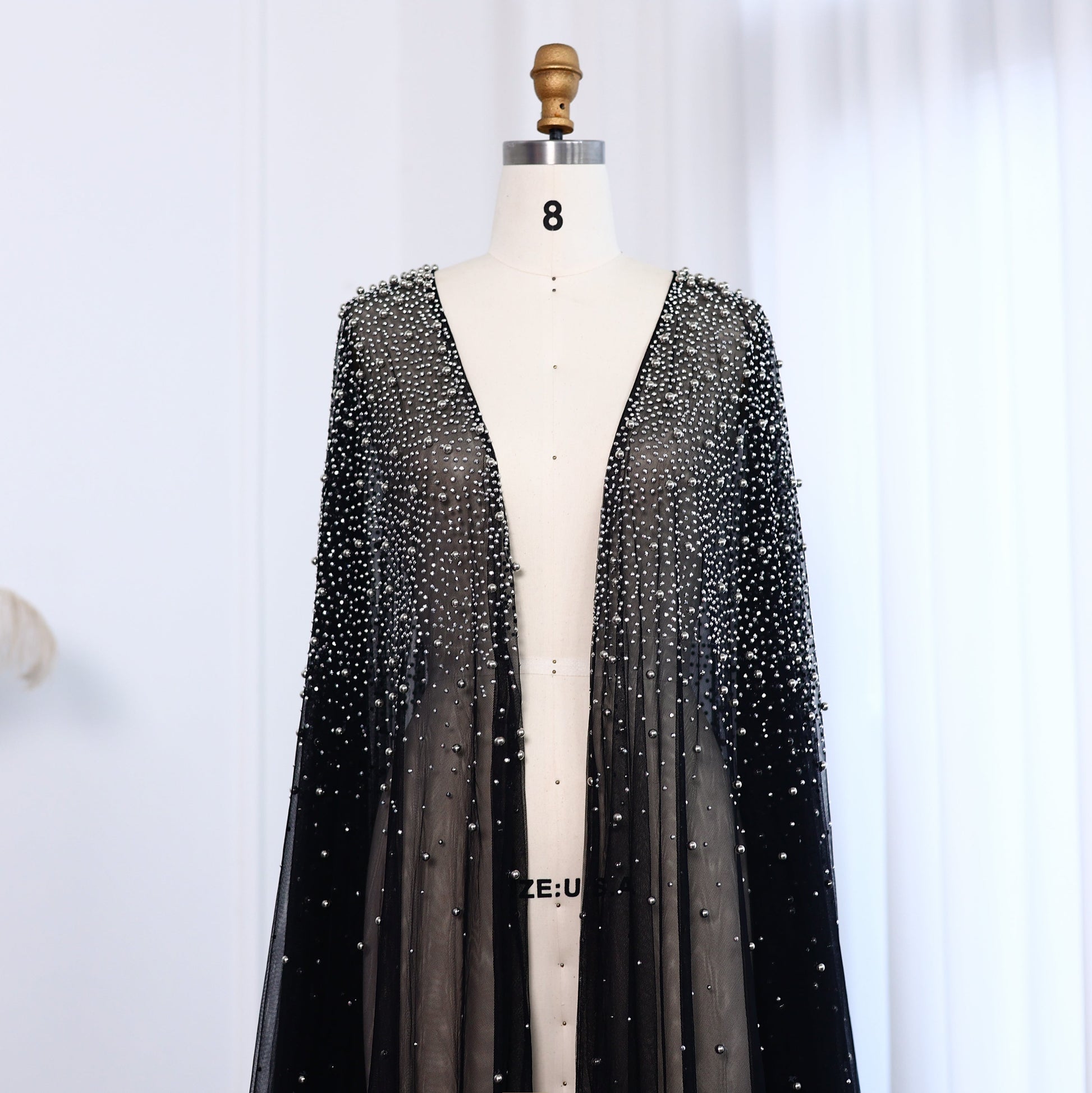 Elegant Black Beaded Long Cape Evening Dress SF082