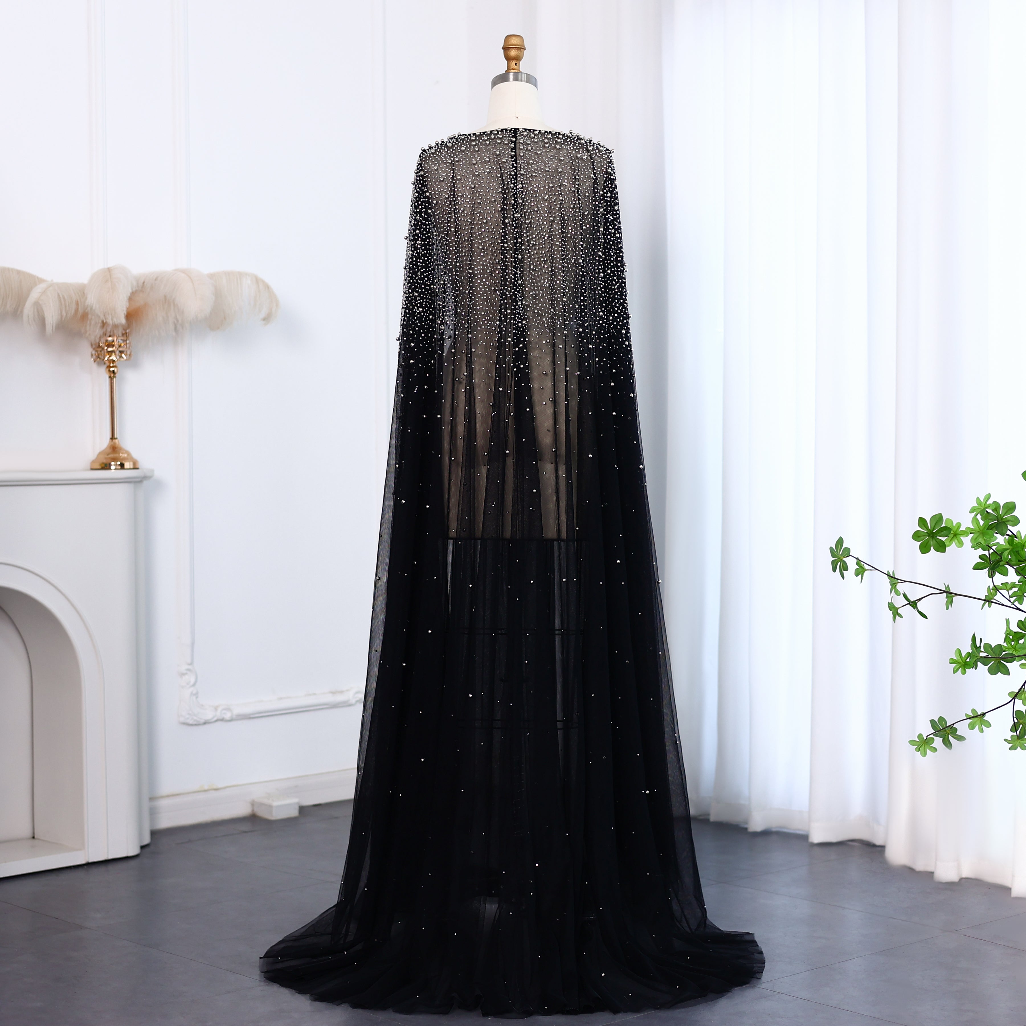 Elegant Black Beaded Long Cape Evening Dress SF082