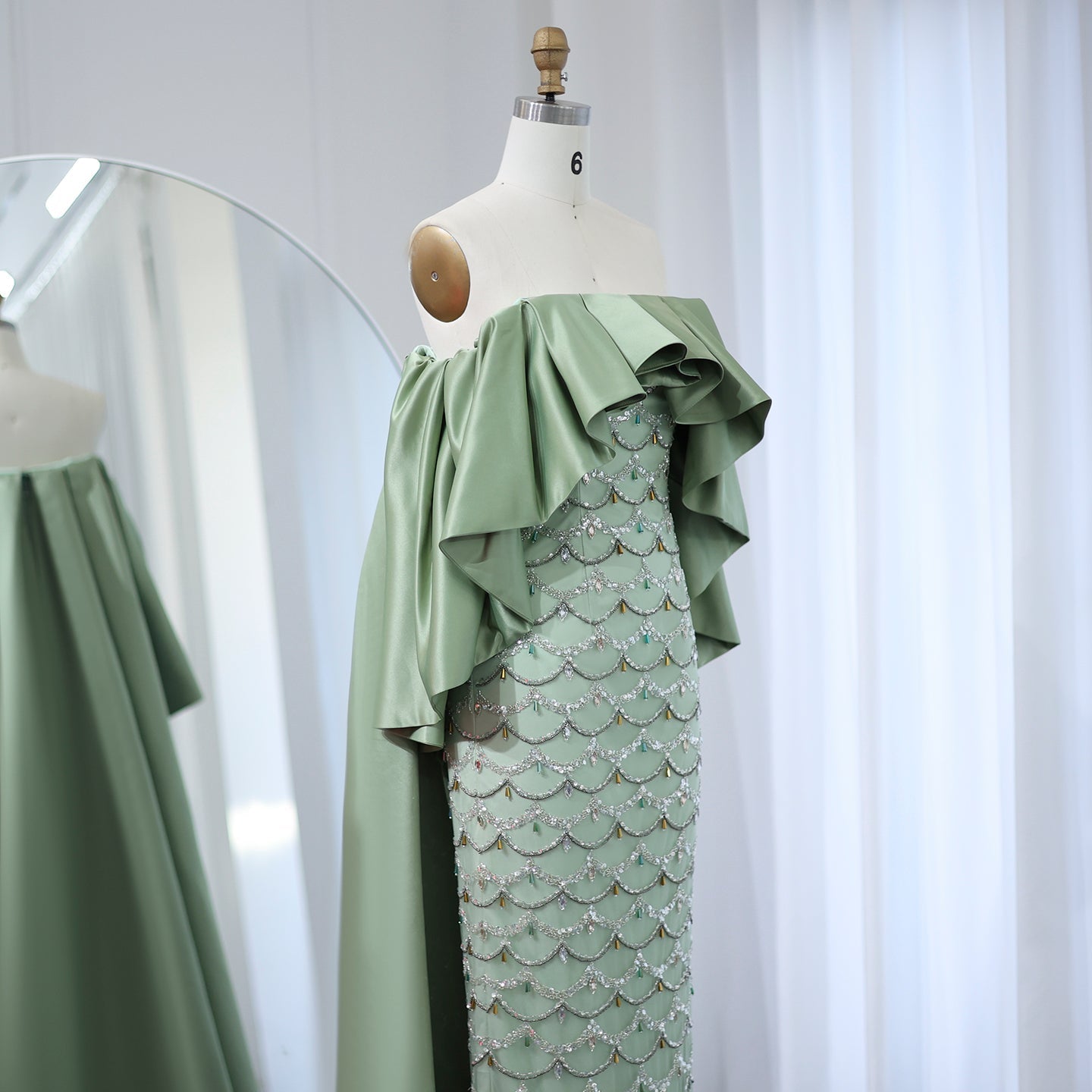 Luxury Sage Green Strapless Evening Dress with Cape SS383