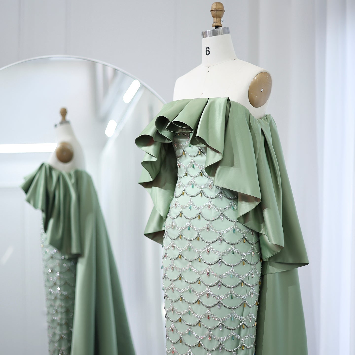 Luxury Sage Green Strapless Evening Dress with Cape SS383