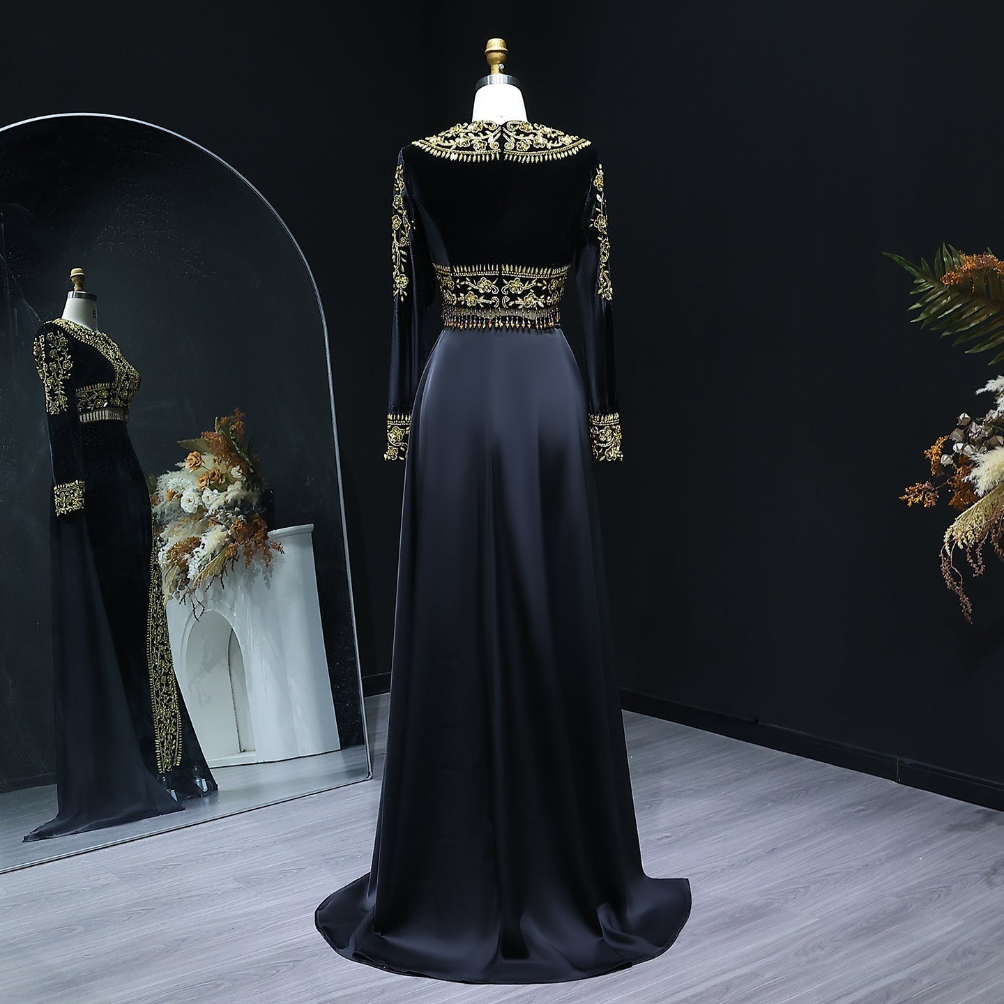 Elegant Black Crystal Two Pieces Evening Dress with Slit SS458