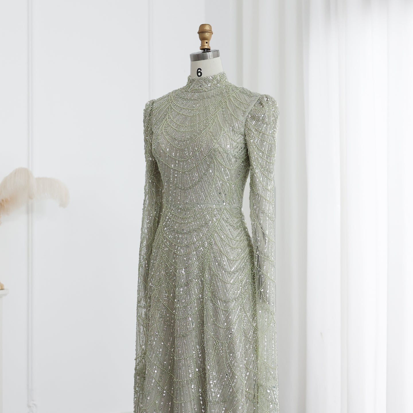 Luxury Sage Green Evening Dress with Cape Sleeves SS630