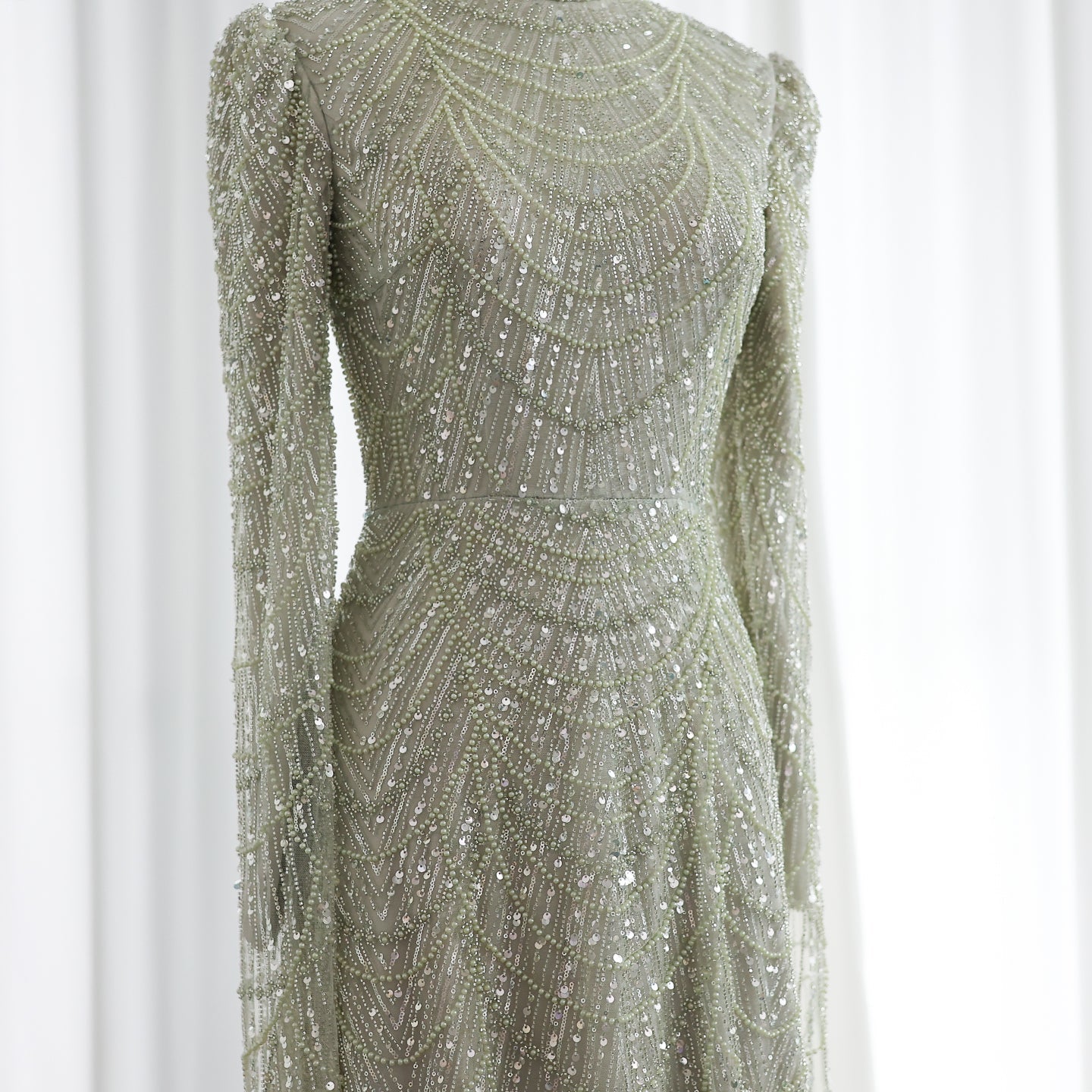 Luxury Sage Green Evening Dress with Cape Sleeves SS630