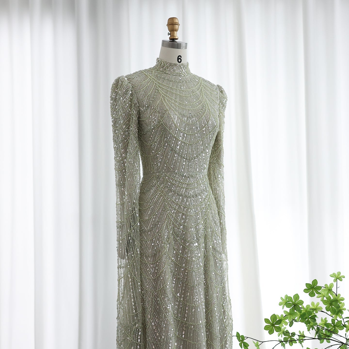 Luxury Sage Green Evening Dress with Cape Sleeves SS630
