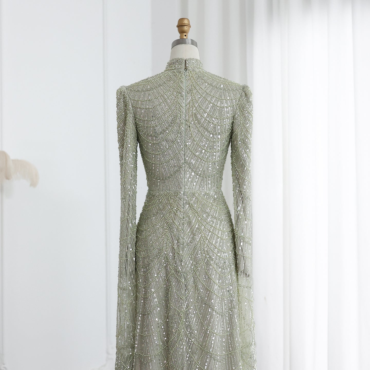 Luxury Sage Green Evening Dress with Cape Sleeves SS630