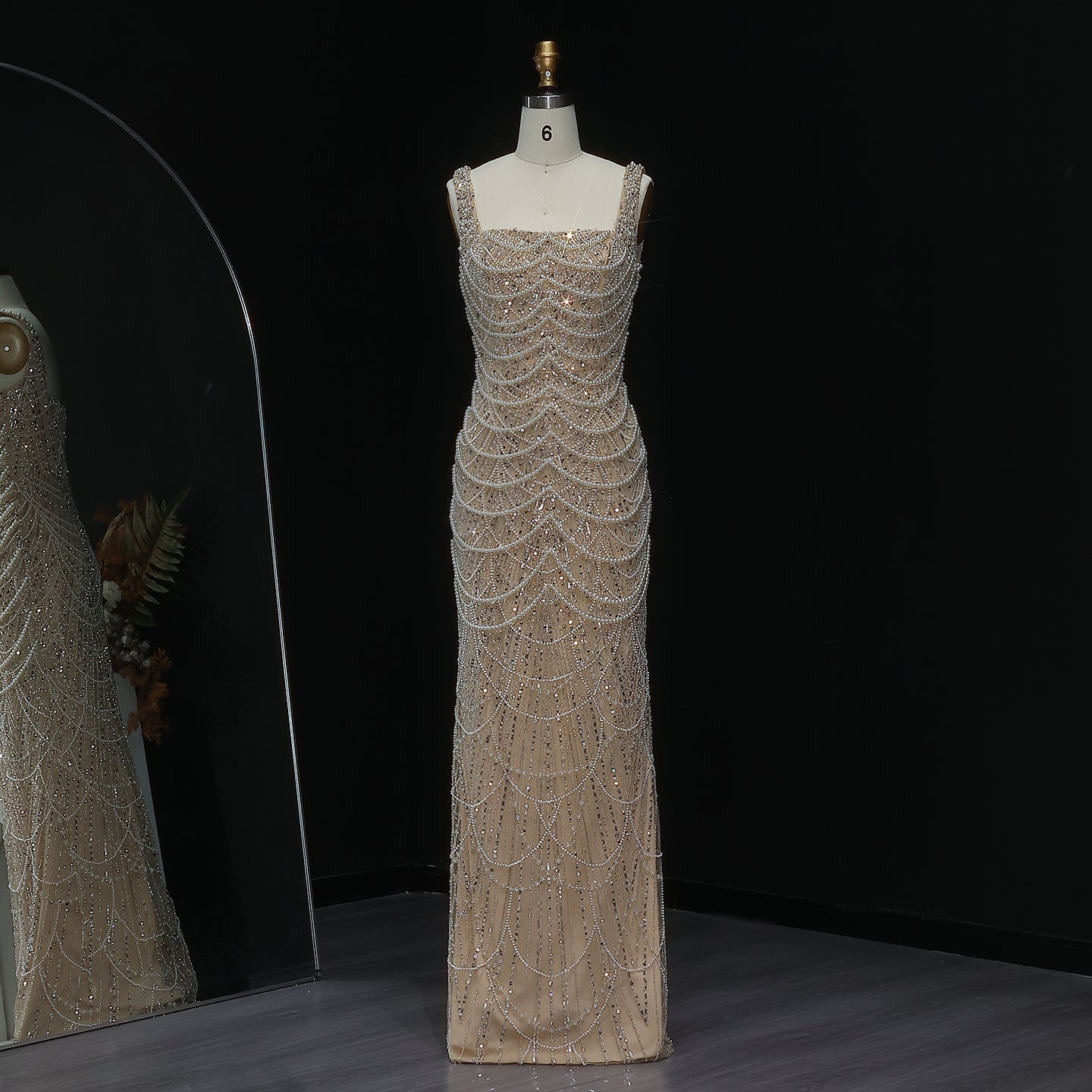 Luxury Pearls Nude Spaghetti Strap Evening Dress SS682  Beige / US 20