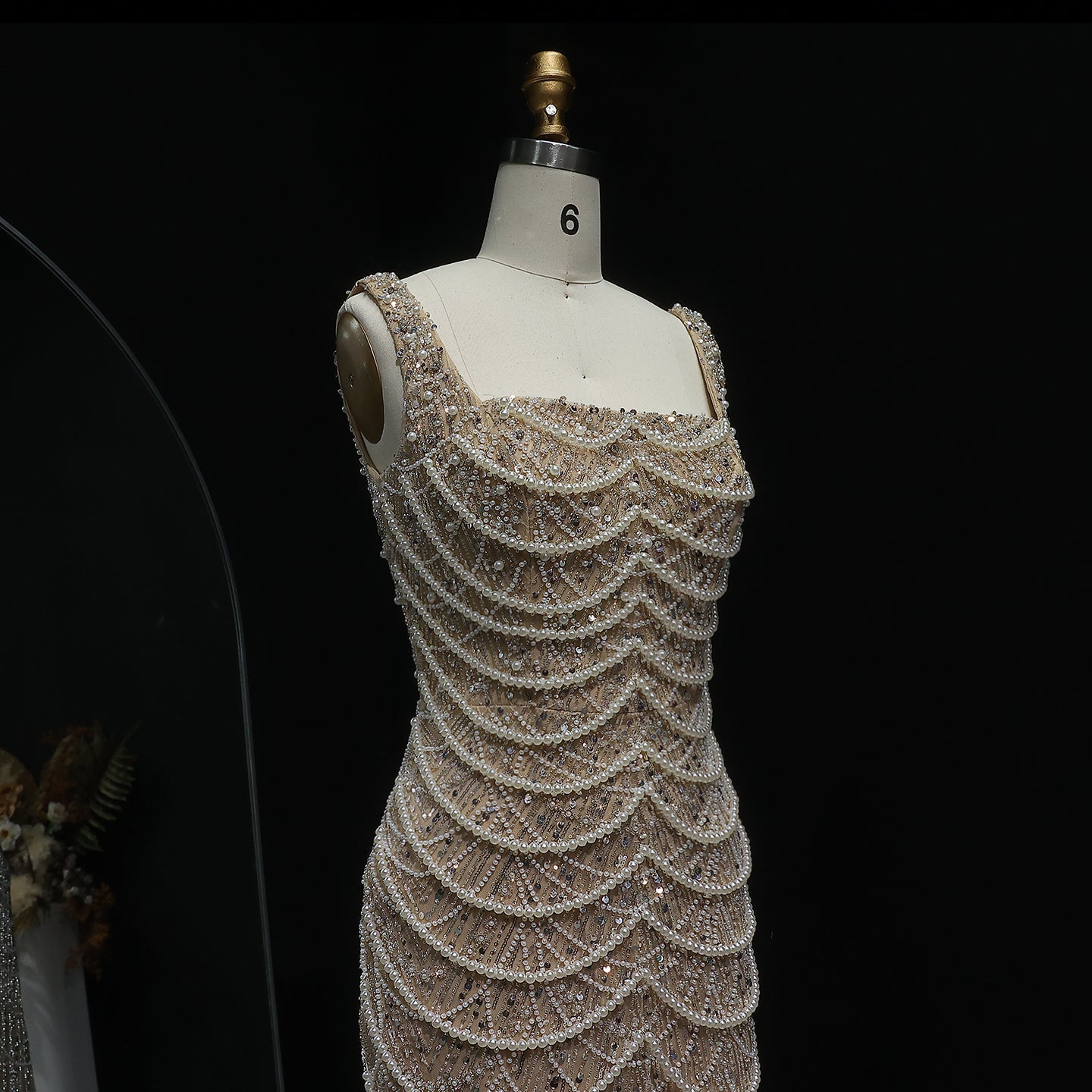 Luxury Pearls Nude Spaghetti Strap Evening Dress SS682