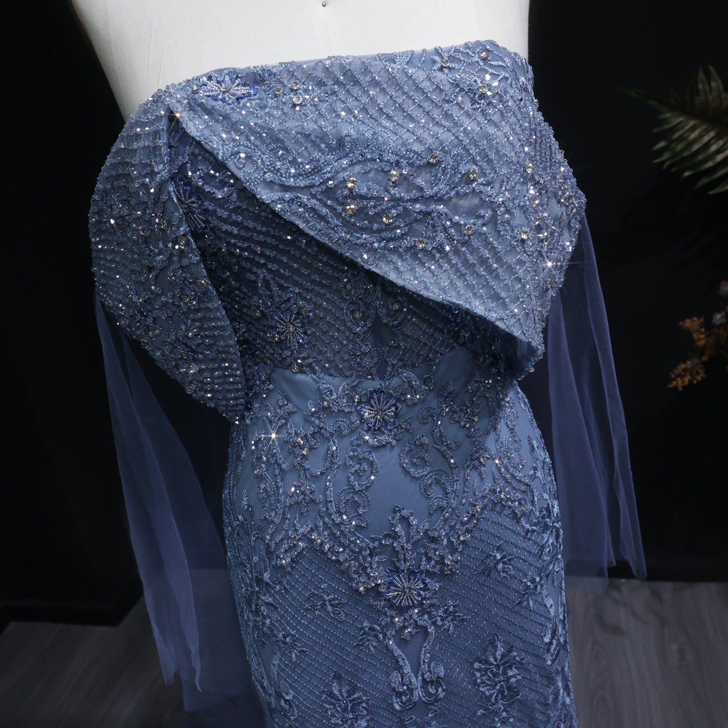 Luxury Blue Off Shoulder Beaded Arabic Evening Dress SS083