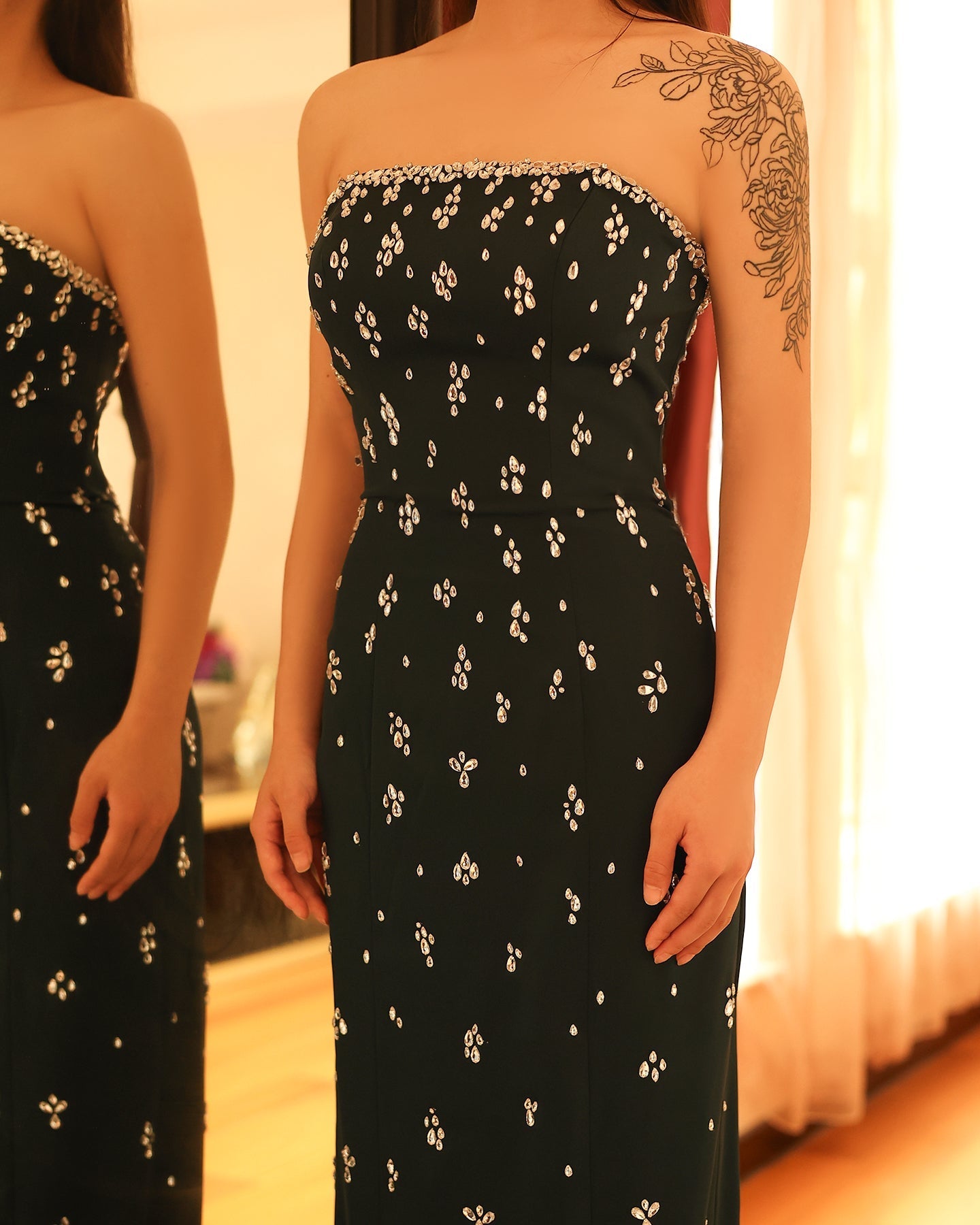 Elegant Rhinestones Strapless Emerald Green Evening Dress SS221