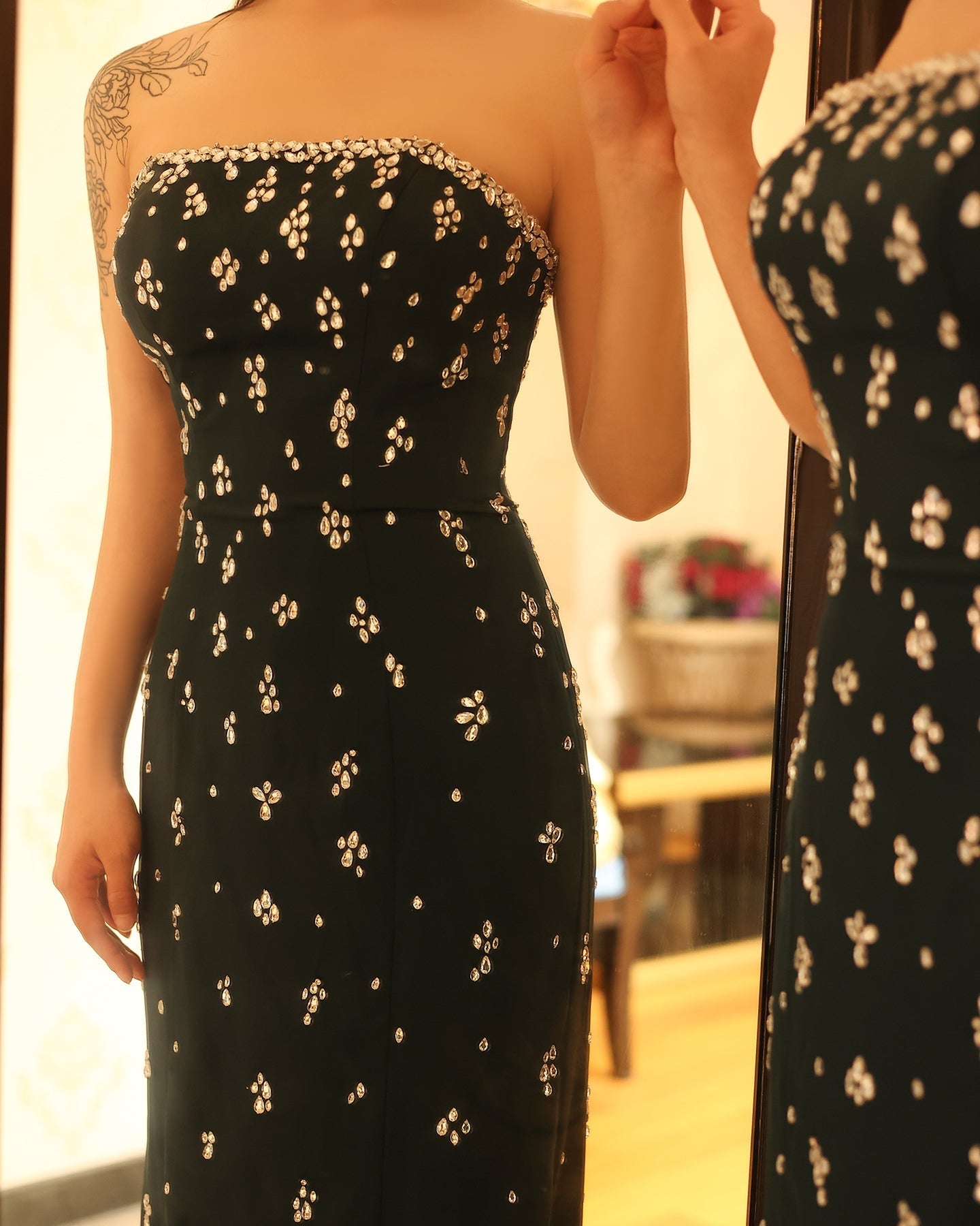 Elegant Rhinestones Strapless Emerald Green Evening Dress SS221