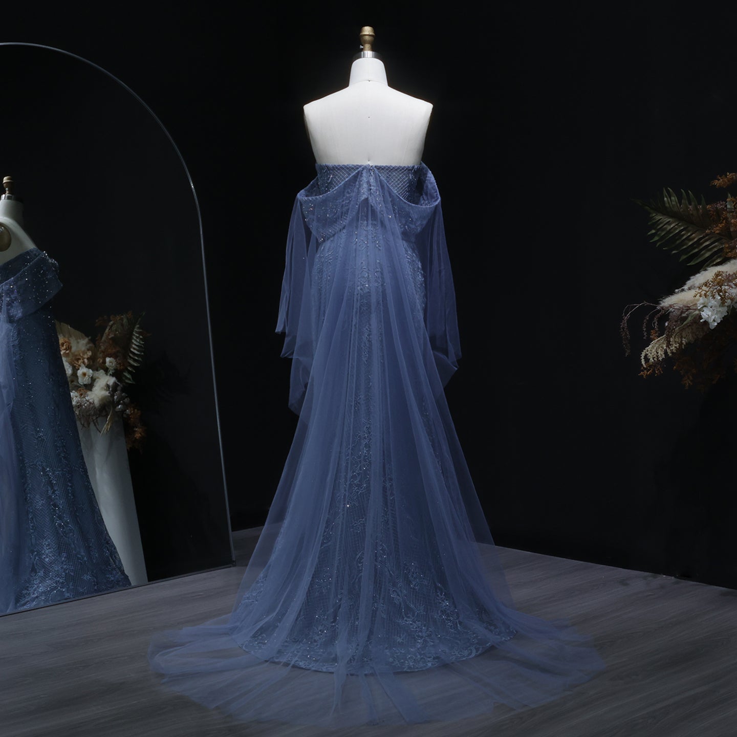 Luxury Blue Off Shoulder Beaded Arabic Evening Dress SS083