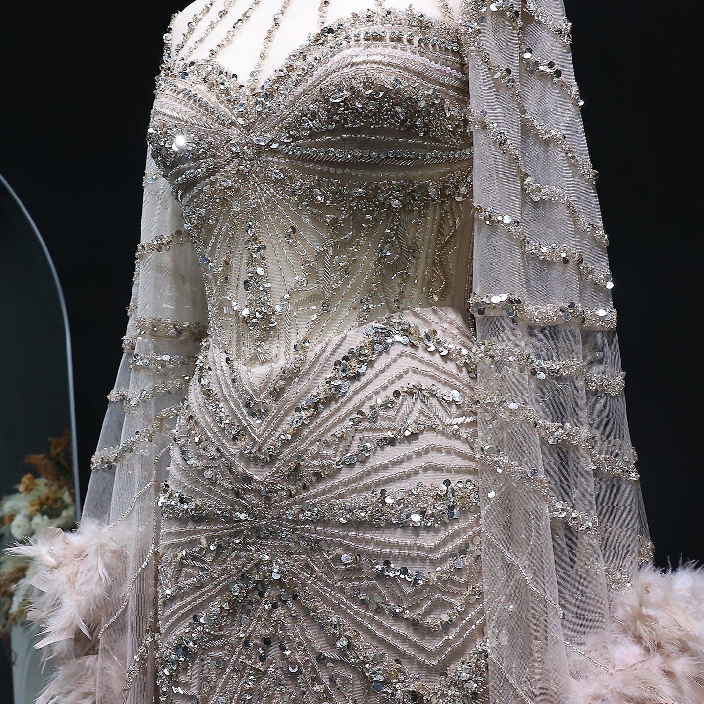 Luxury Beaded Evening Dress with Feather Cape Sleeves SS082