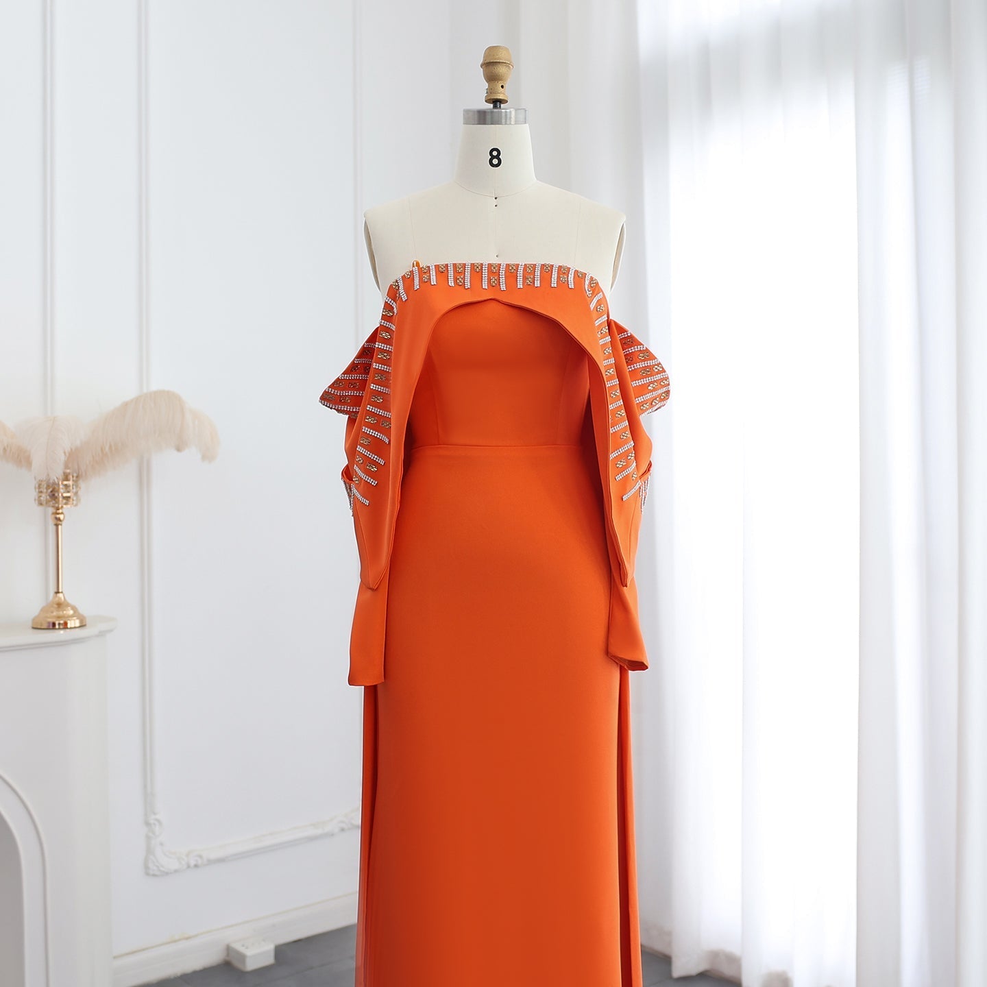 Elegant White Off Shoulder Long Sleeves Evening Dress with Cape SF008