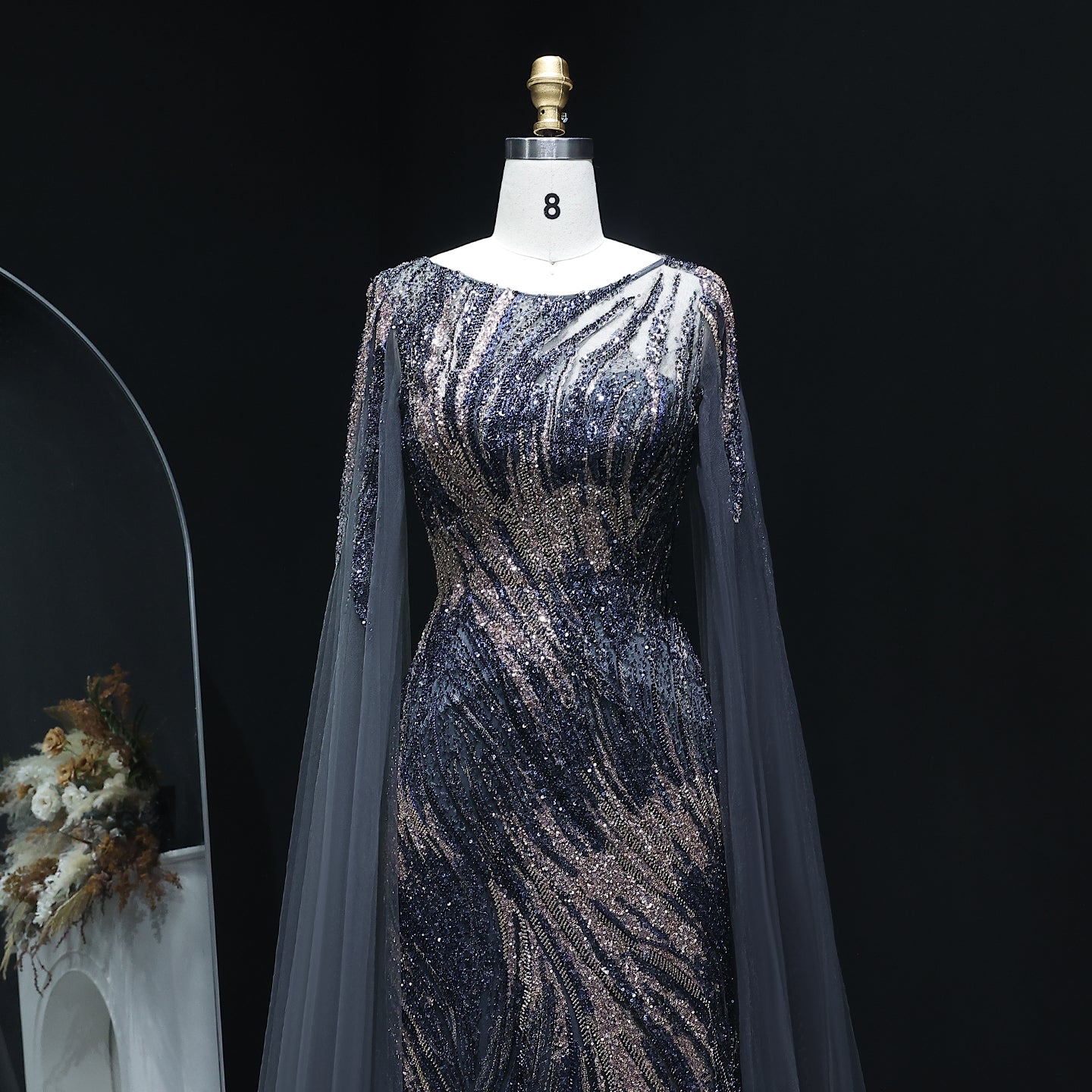 Luxury Purple Evening Dress with Cape Sleeves SS051