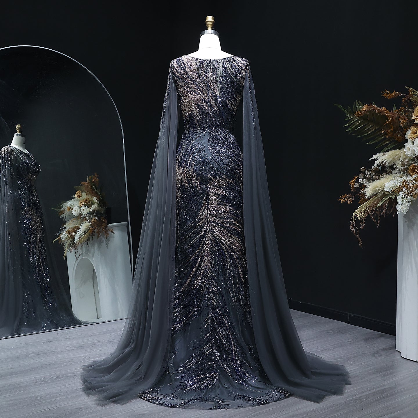 Luxury Purple Evening Dress with Cape Sleeves SS051