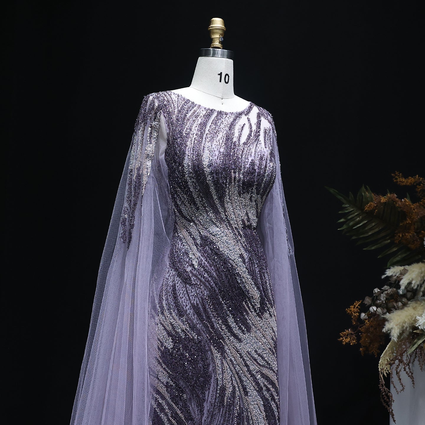 Luxury Purple Evening Dress with Cape Sleeves SS051