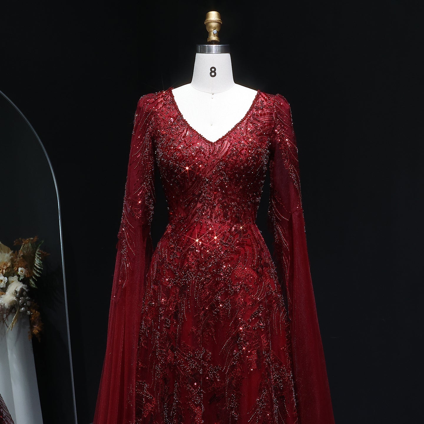 Elegant Crystal Wine Red Mermaid Evening Dress with Cape Sleeves SS093