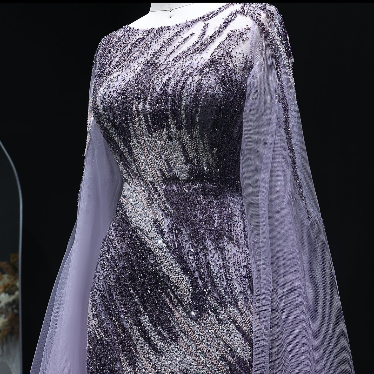 Luxury Purple Evening Dress with Cape Sleeves SS051