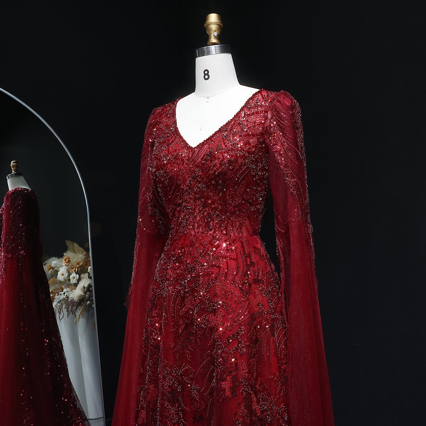 Elegant Crystal Wine Red Mermaid Evening Dress with Cape Sleeves SS093