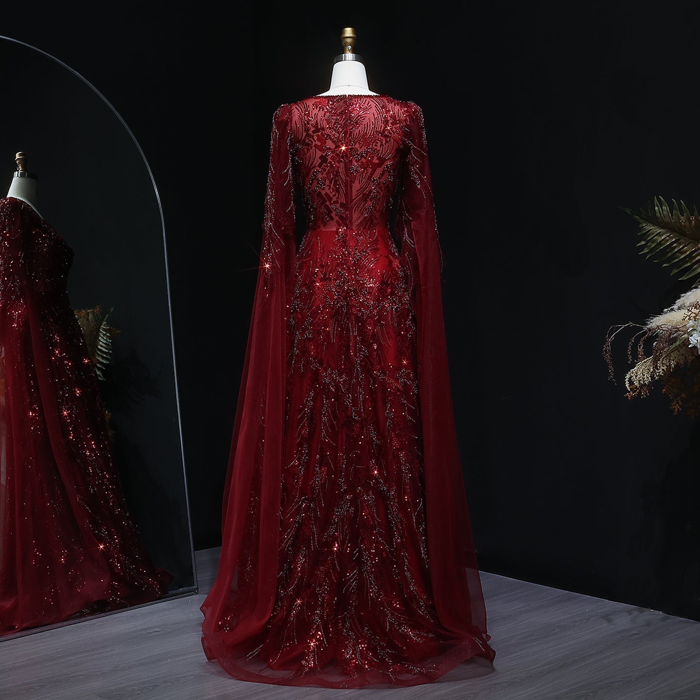 Elegant Crystal Wine Red Mermaid Evening Dress with Cape Sleeves SS093