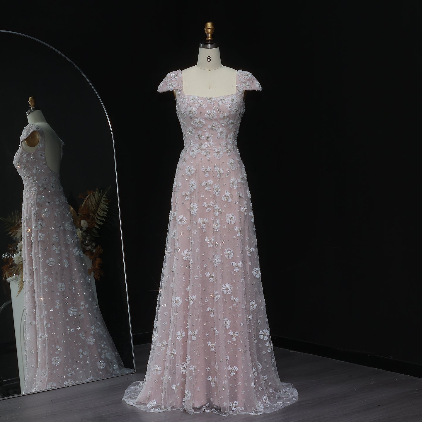 Chic Pink Floral Square Neck Evening Dress SS602  Pink / US 16