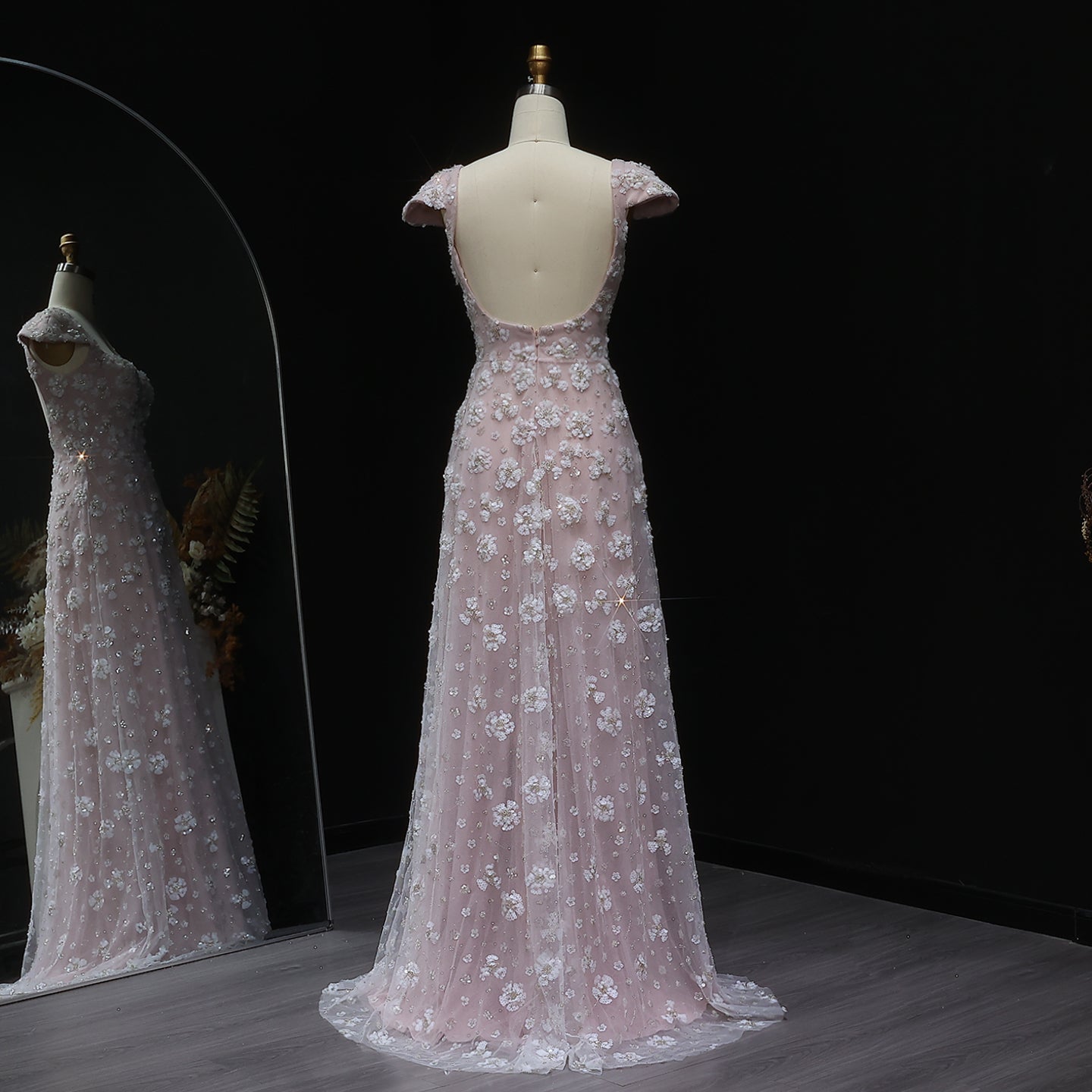 Chic Pink Floral Square Neck Evening Dress SS602