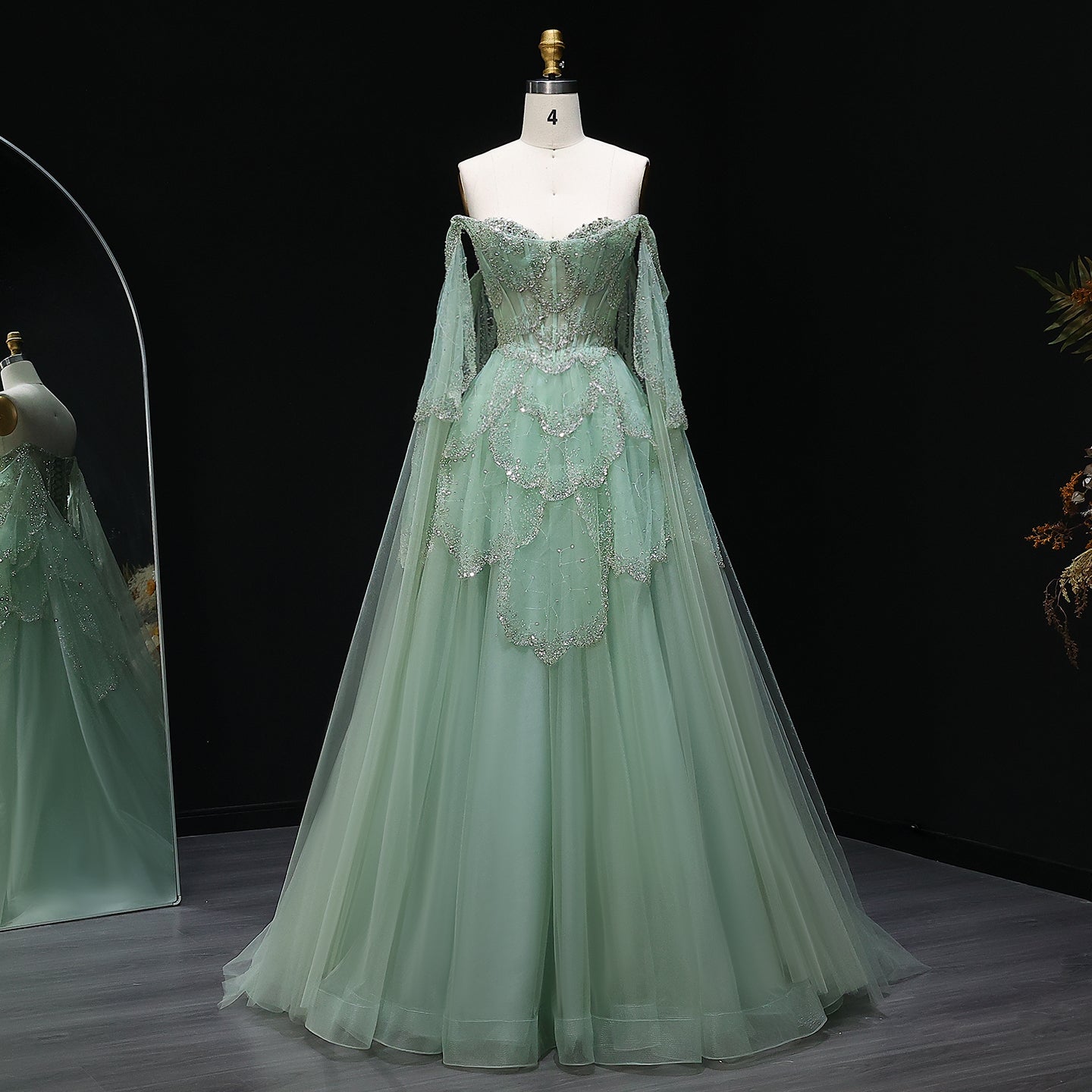 Elegant Off Shoulder Sage Green Evening Dress with Cape Sleeves SS215  Sage Green / US 16