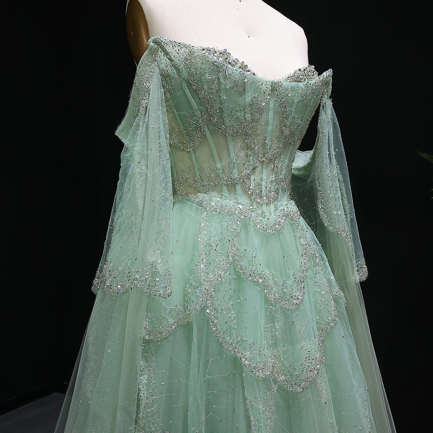 Elegant Off Shoulder Sage Green Evening Dress with Cape Sleeves SS215