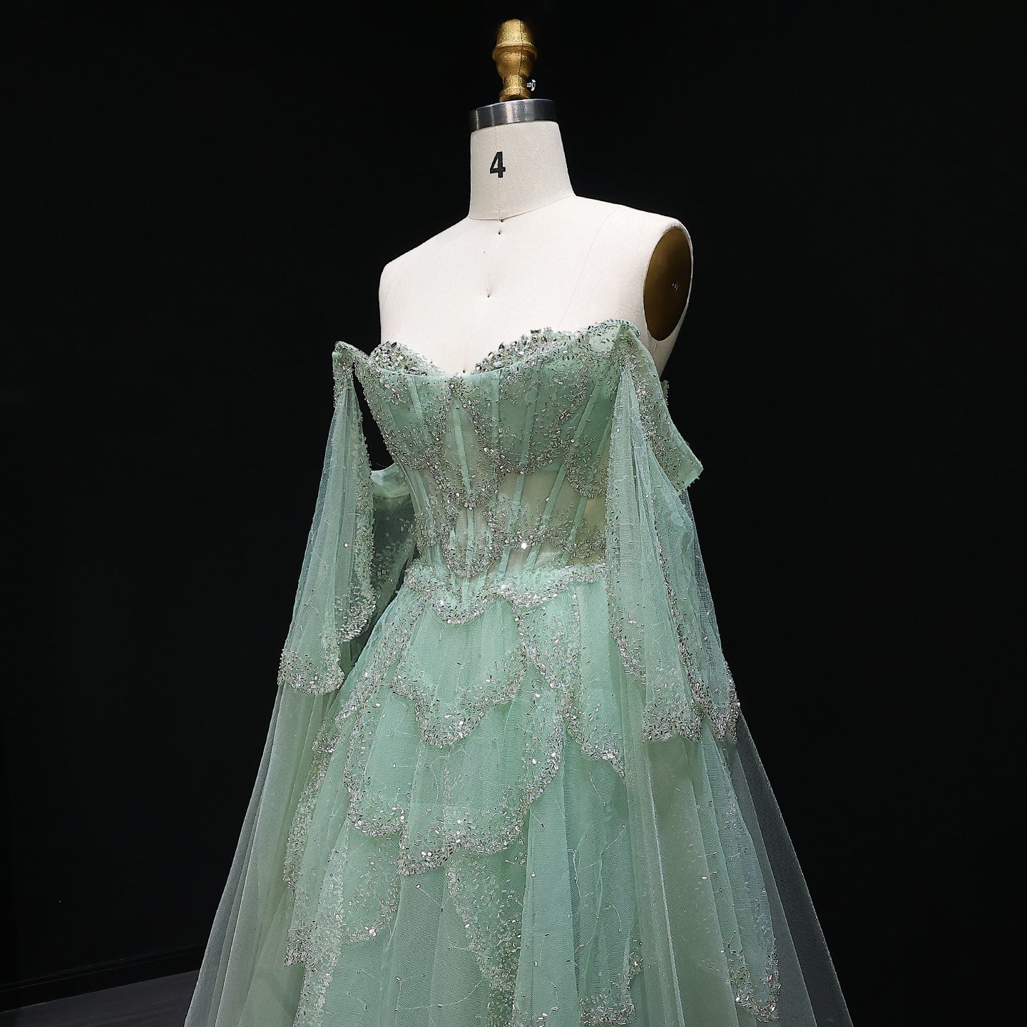 Elegant Off Shoulder Sage Green Evening Dress with Cape Sleeves SS215