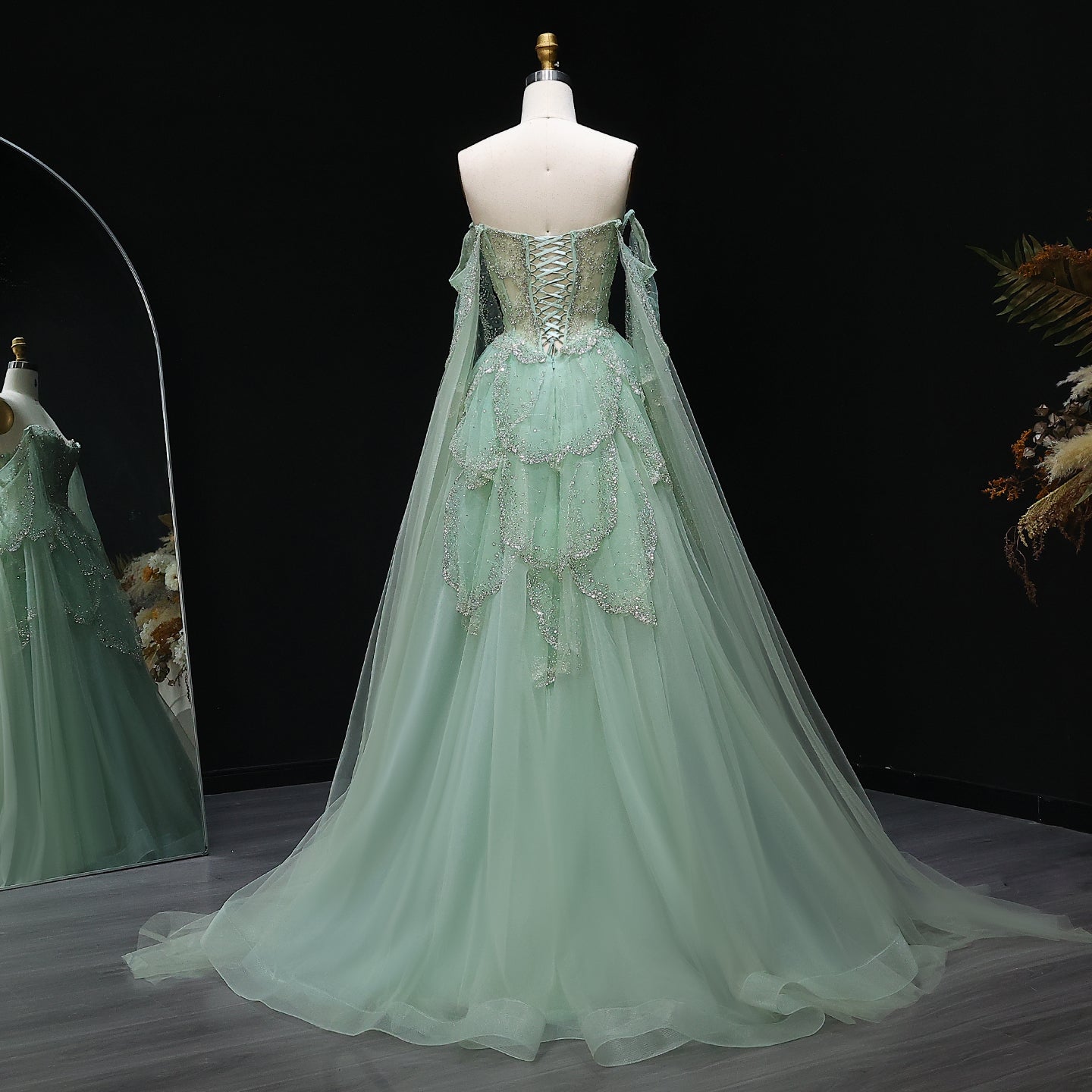 Elegant Off Shoulder Sage Green Evening Dress with Cape Sleeves SS215