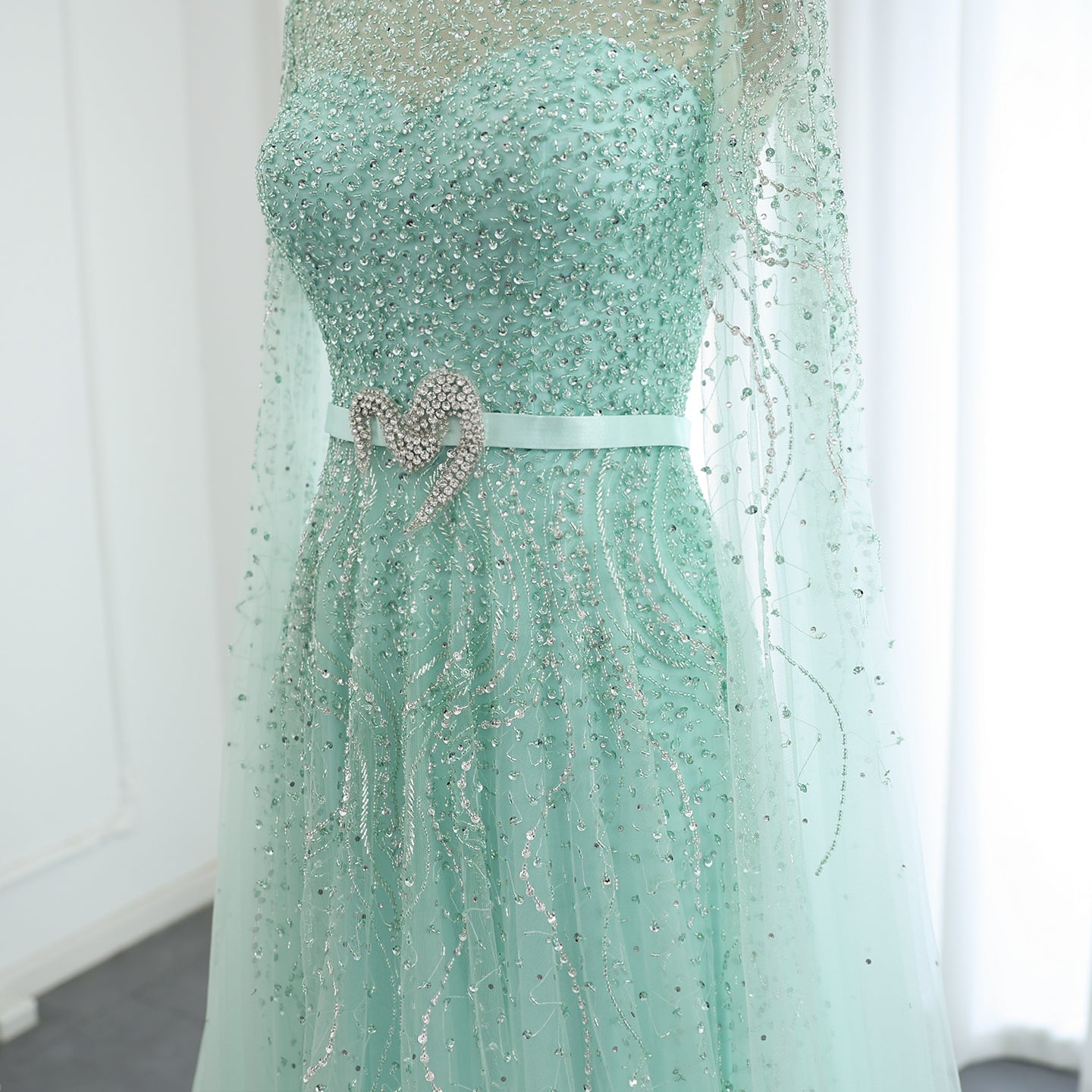 Luxury Blue High Neck Evening Dress with Cape Sleeves SS451