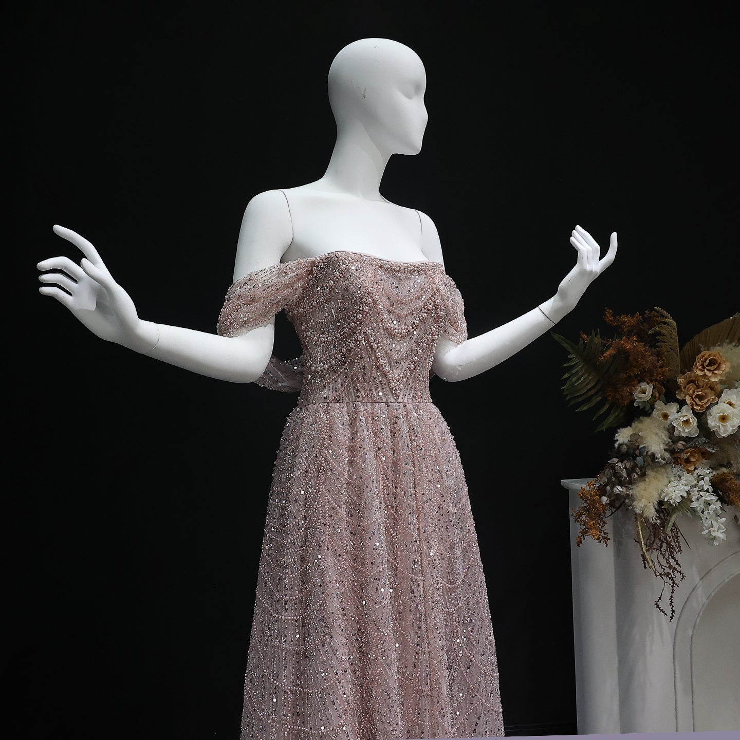 Luxury Beaded Champagne Off-Shoulder Evening Dress SS676