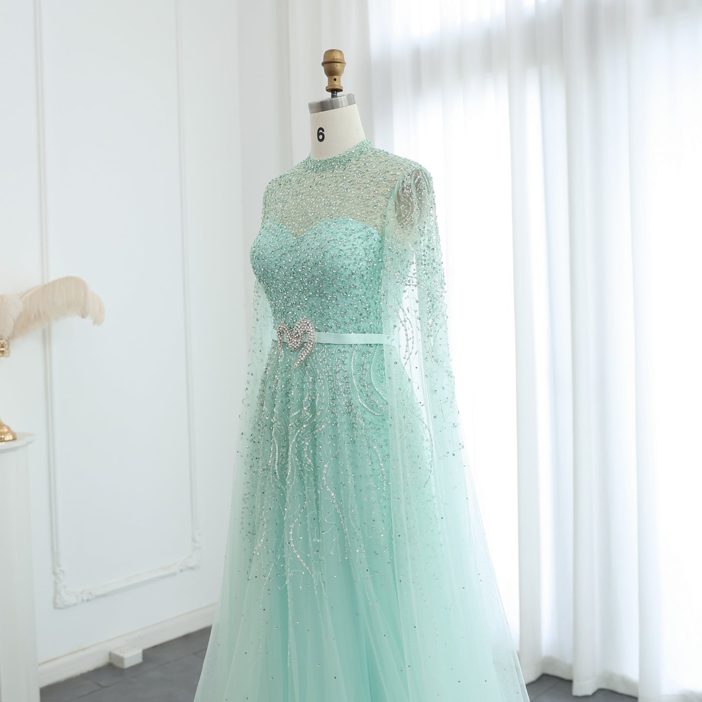 Luxury Blue High Neck Evening Dress with Cape Sleeves SS451