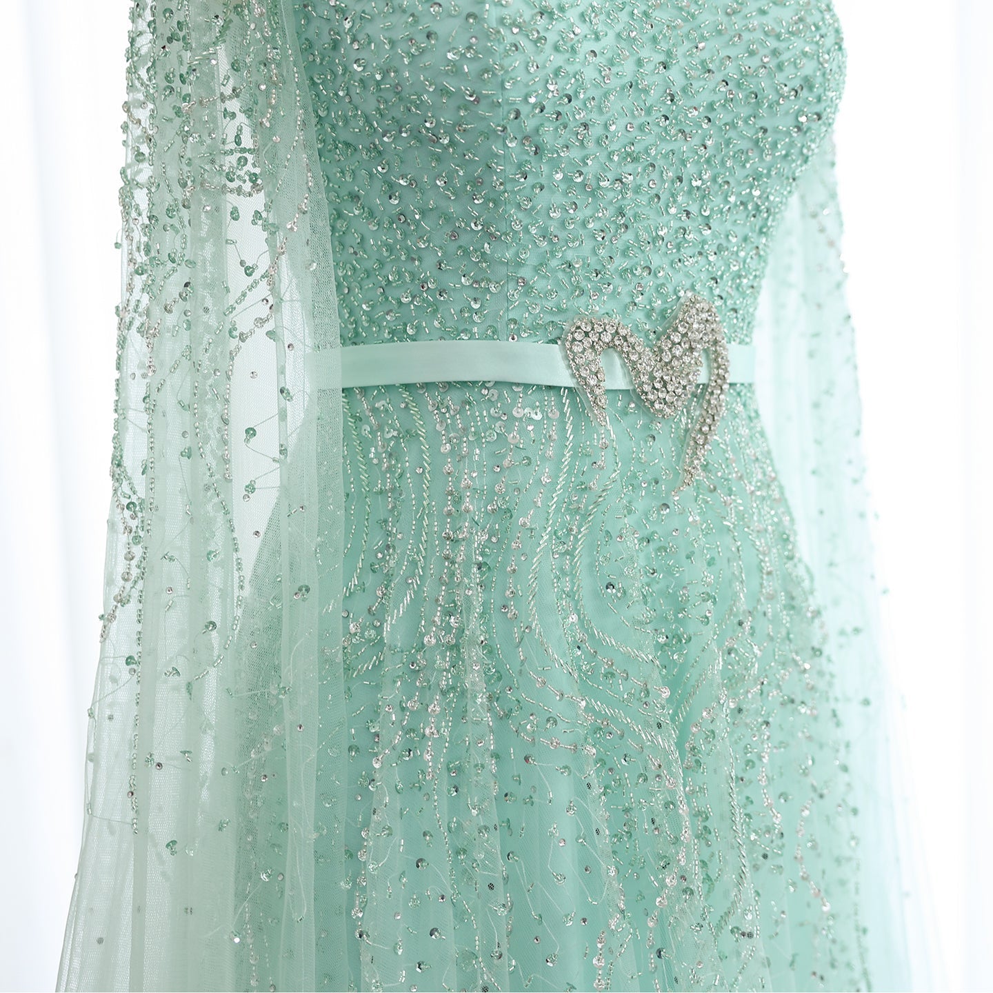 Luxury Blue High Neck Evening Dress with Cape Sleeves SS451