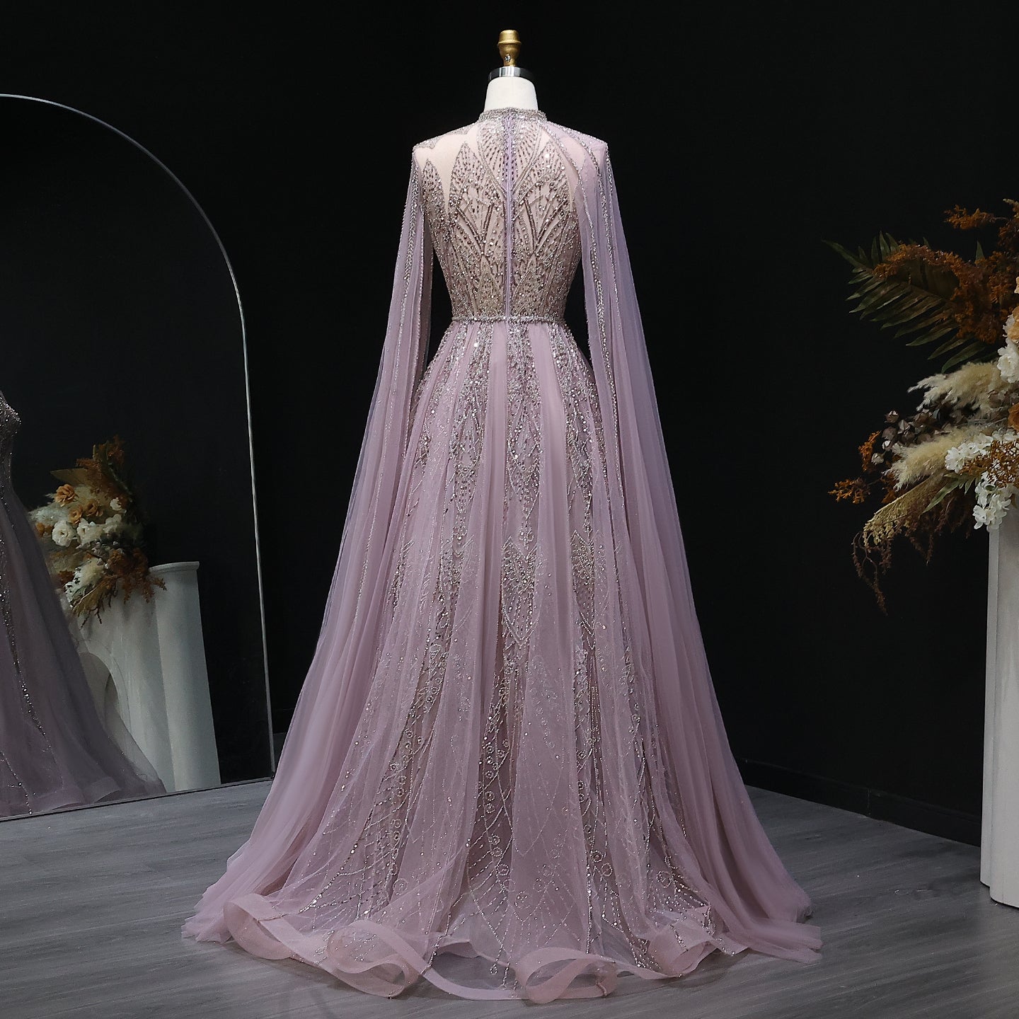 Luxury Pink Evening Dress with Cape Sleeves SS050