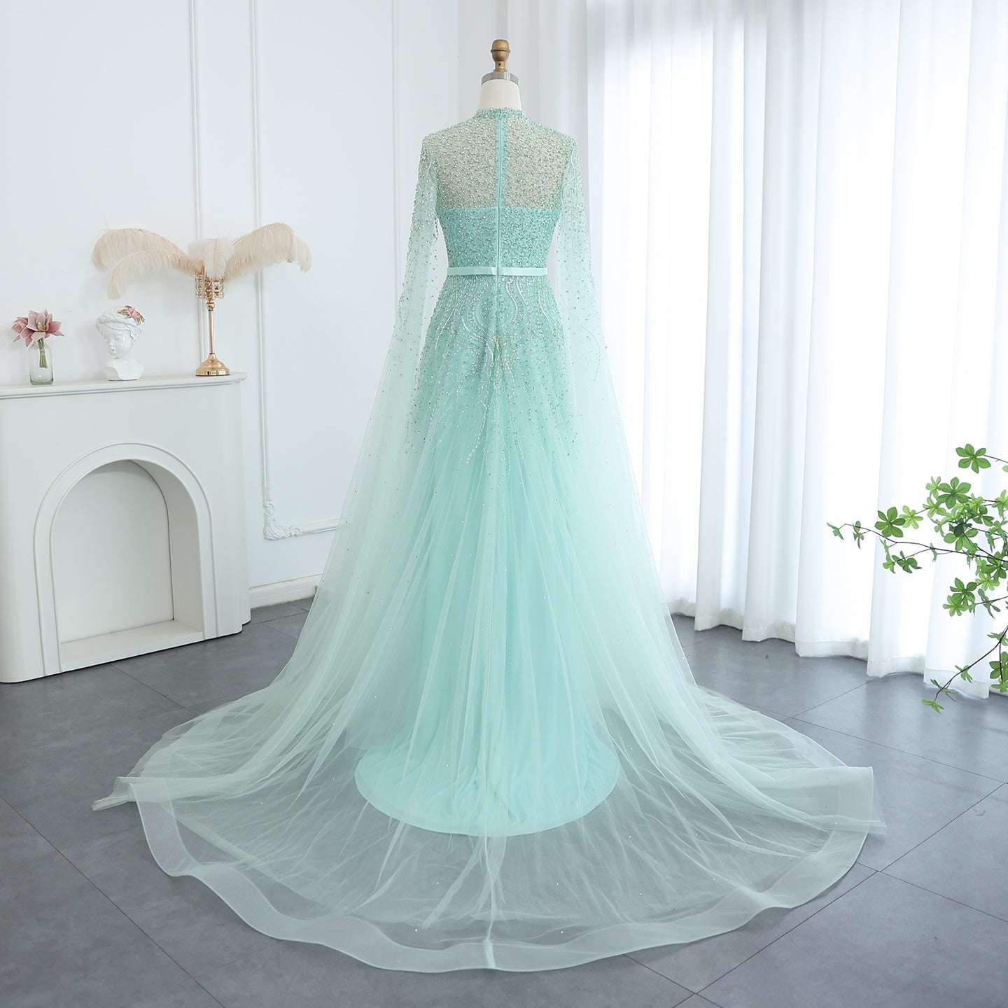 Luxury Blue High Neck Evening Dress with Cape Sleeves SS451