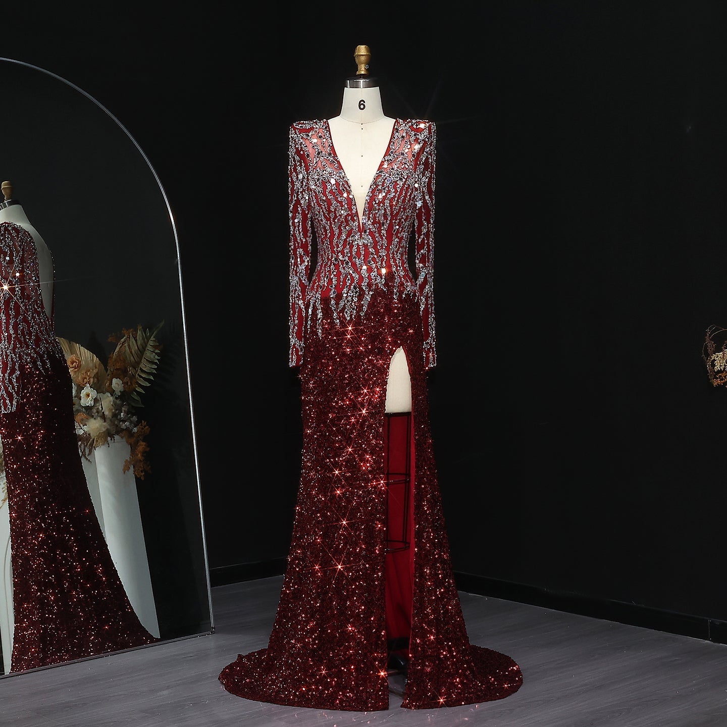 Luxury Black V-Neck Long Sleeves Side Slit Evening Dress SS250  Burgundy / US 16