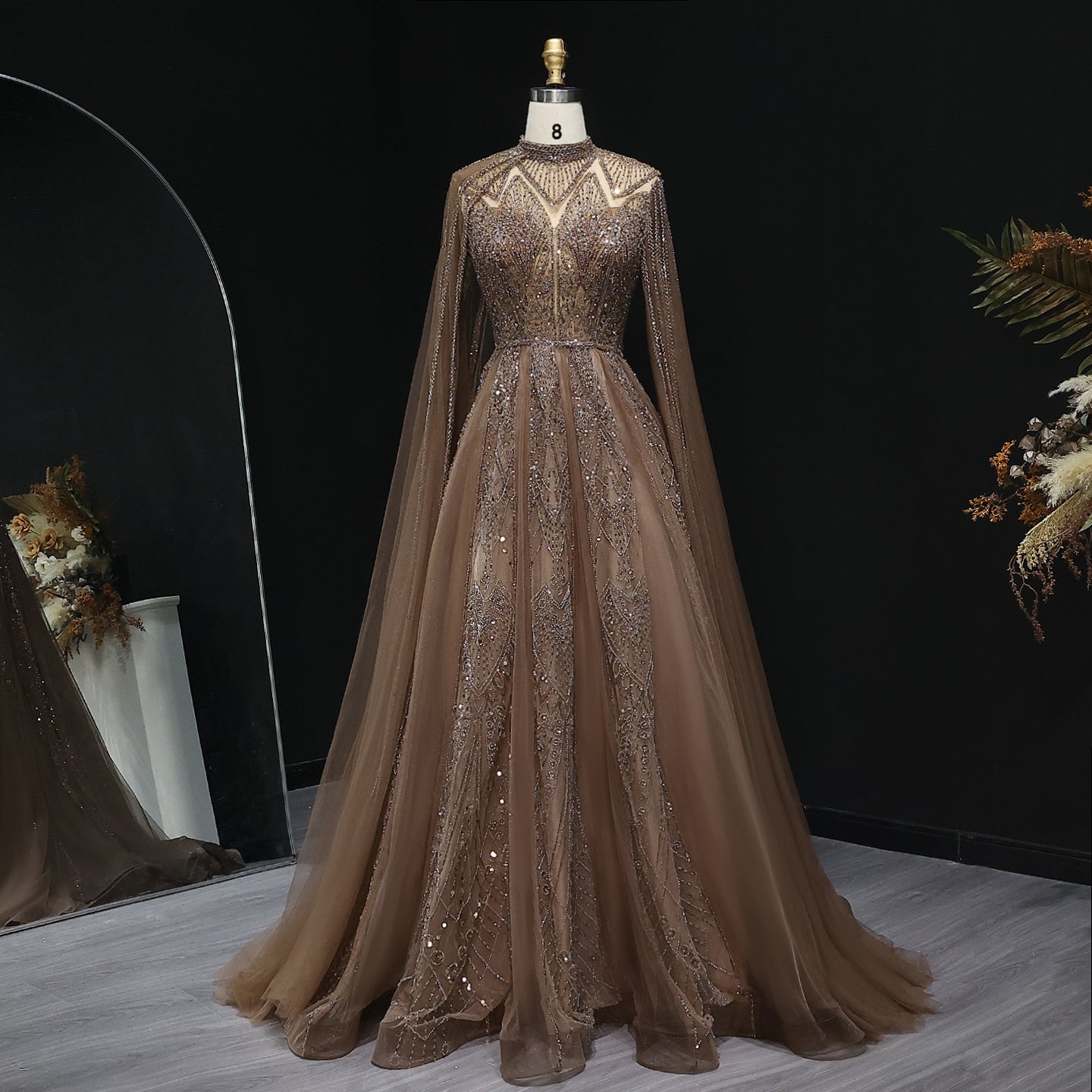 Luxury Pink Evening Dress with Cape Sleeves SS050  Brown / US 20