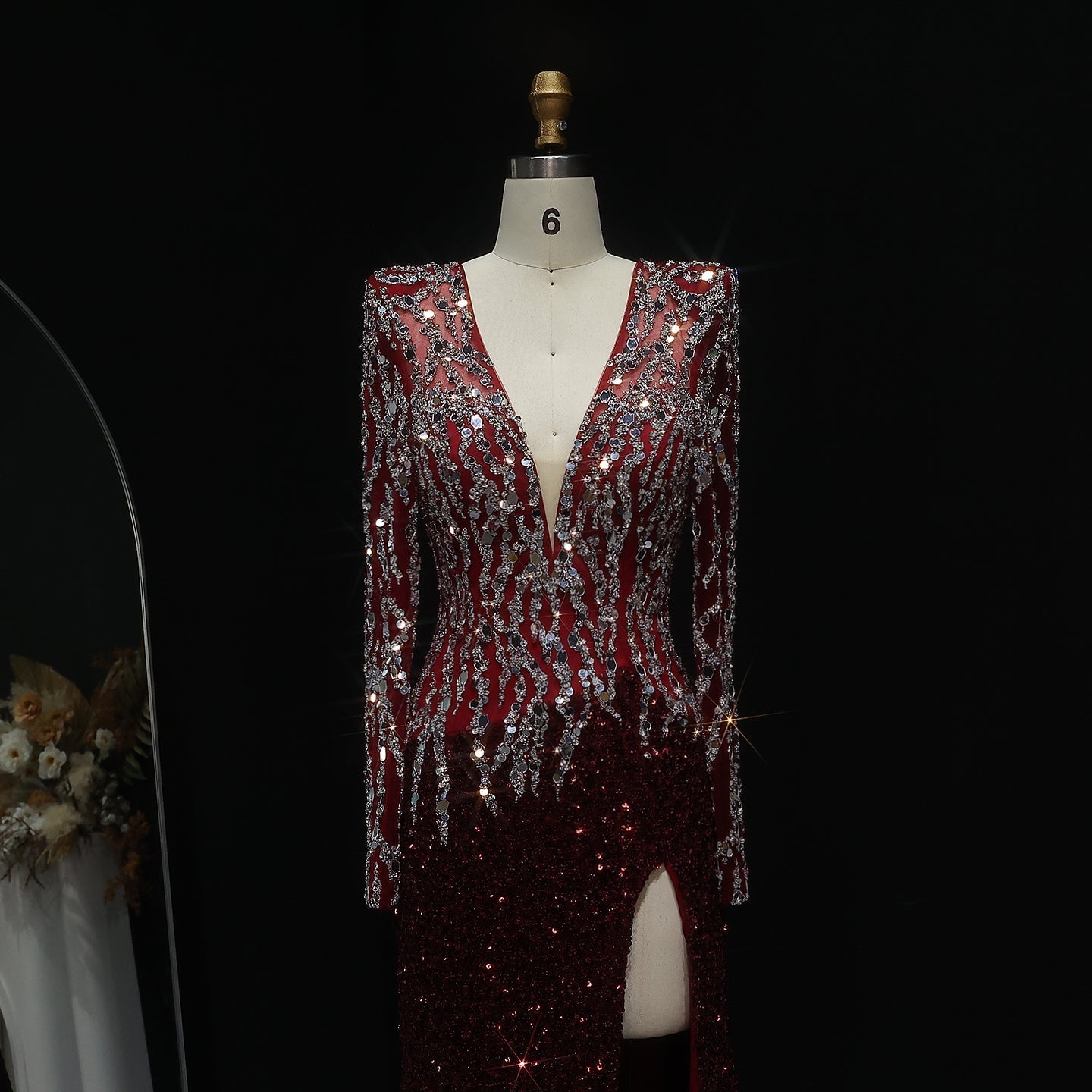 Luxury Black V-Neck Long Sleeves Side Slit Evening Dress SS250