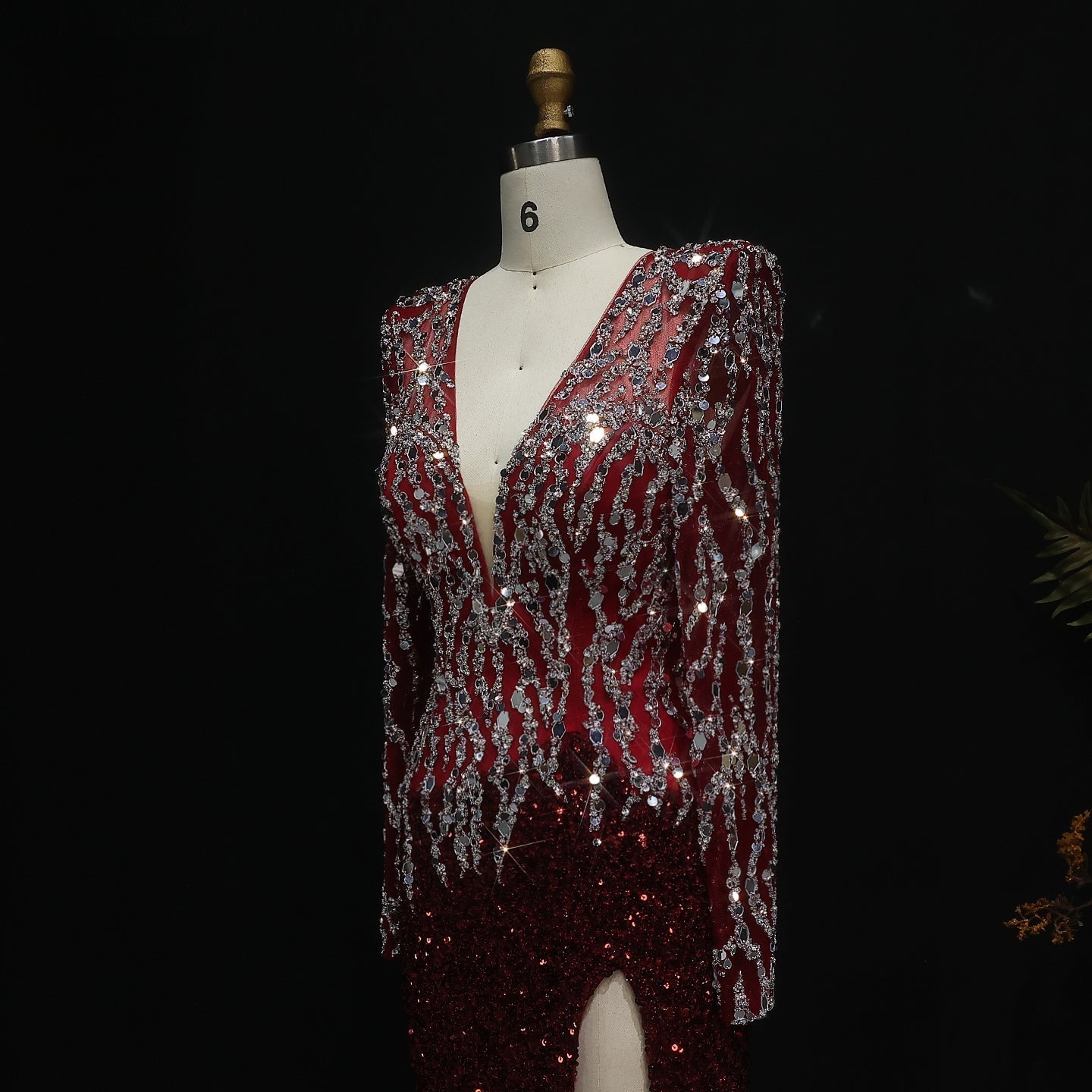 Luxury Black V-Neck Long Sleeves Side Slit Evening Dress SS250