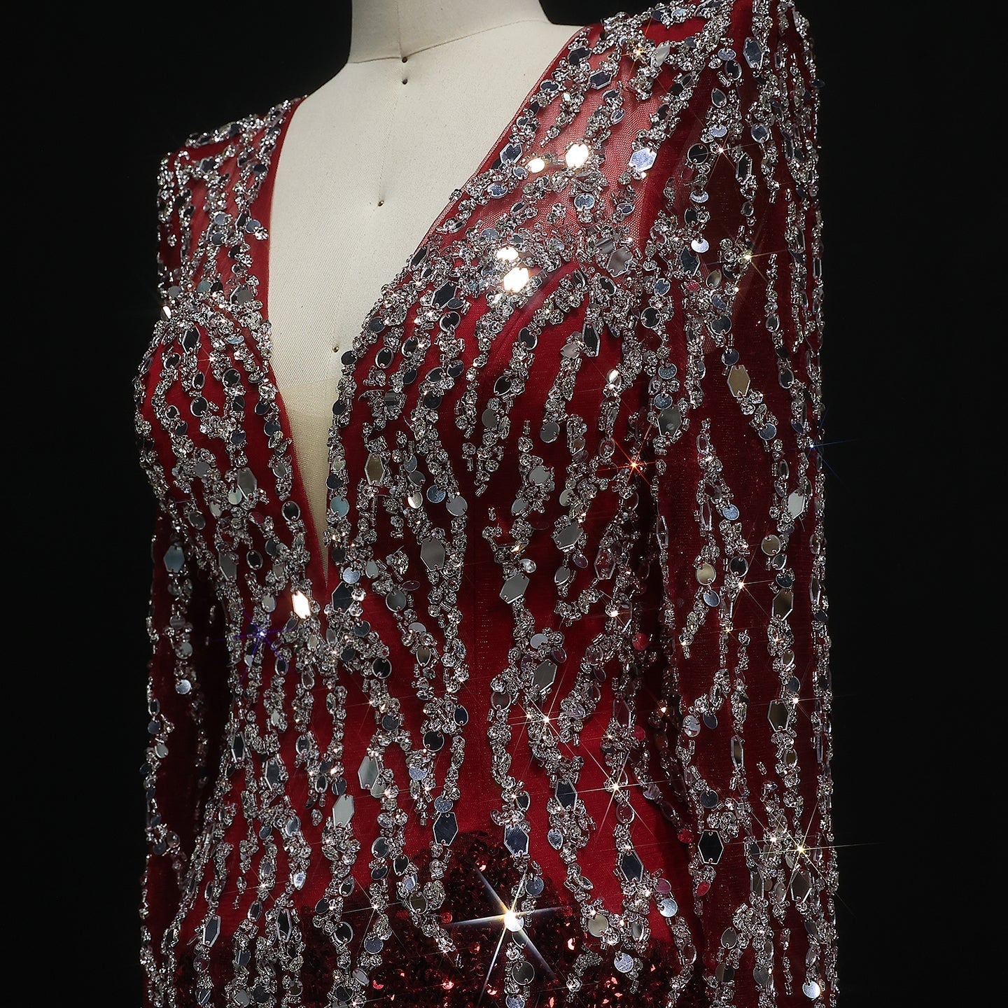 Luxury Black V-Neck Long Sleeves Side Slit Evening Dress SS250