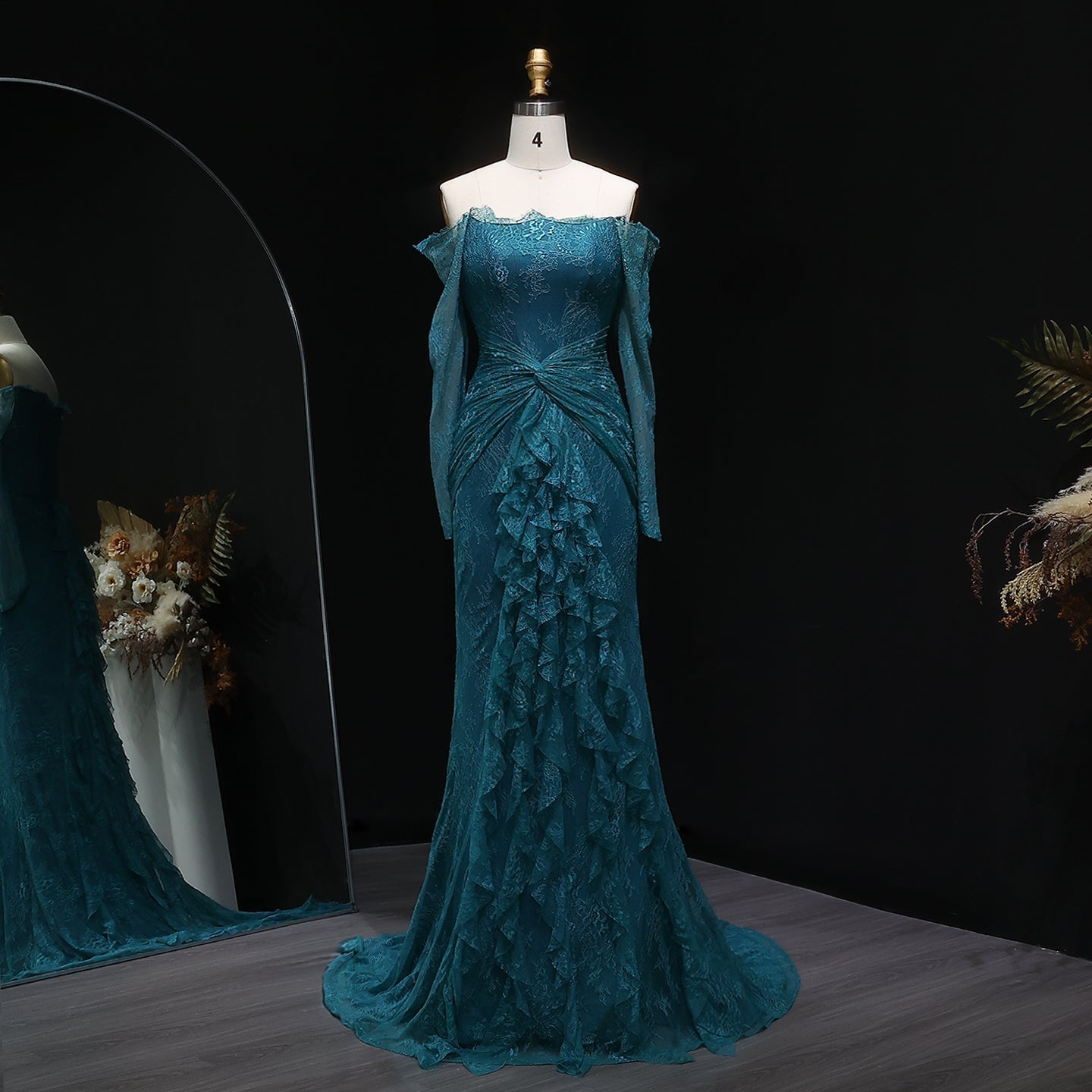 Elegant Blue Off Shoulder Lace Evening Dress SF519  Green / US 20