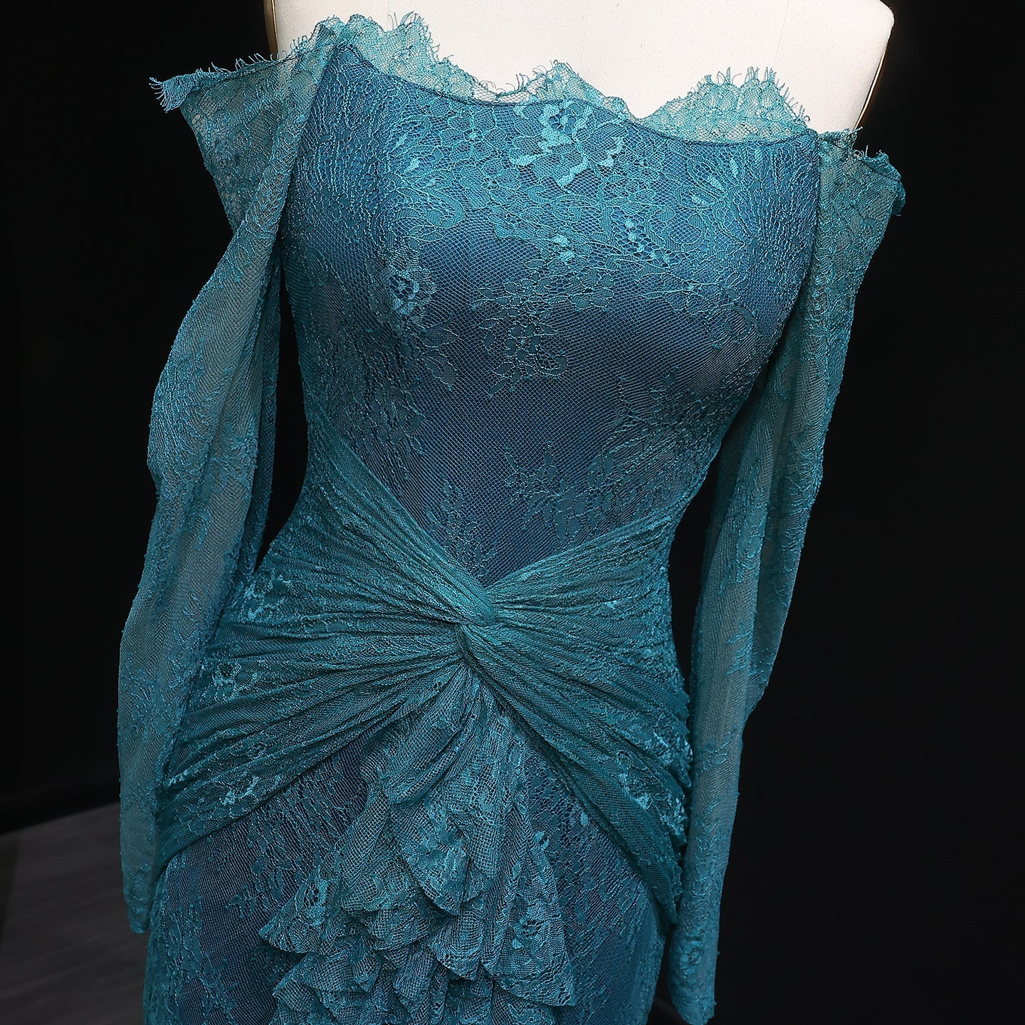 Elegant Blue Off Shoulder Lace Evening Dress SF519