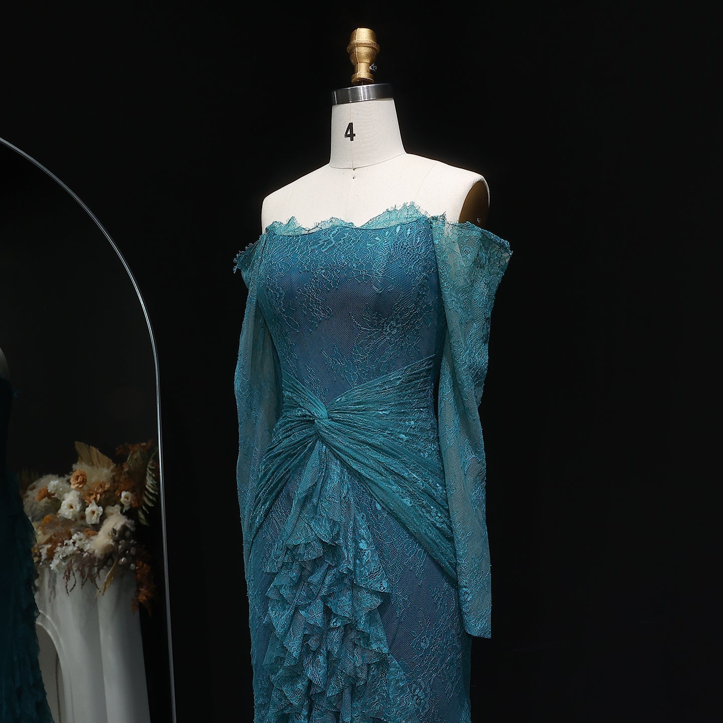 Elegant Blue Off Shoulder Lace Evening Dress SF519