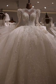 Luxury Pearls Long Sleeves Wedding Dress Ball Gown RS011  White / Custom Size