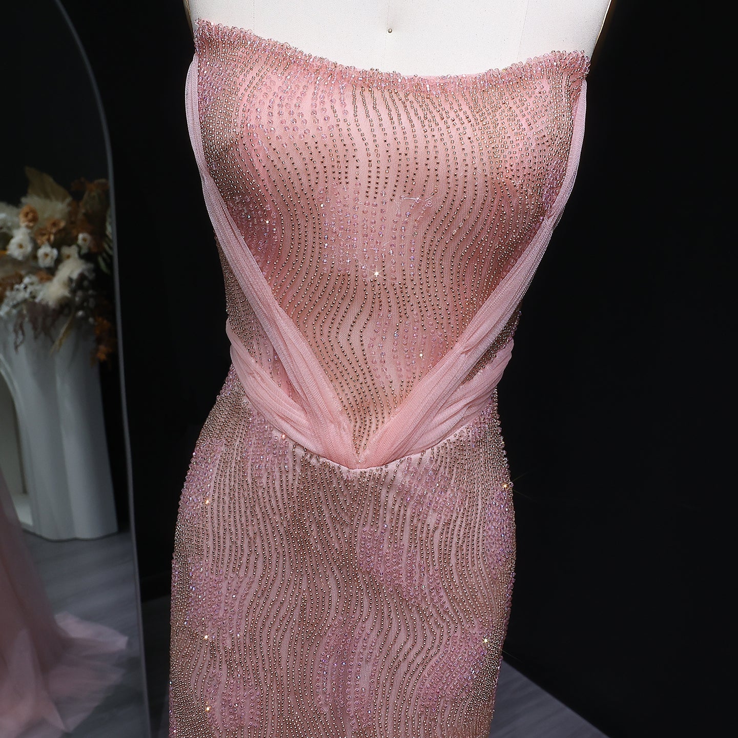 Luxury Beaded Pink Mermaid Evening Dress with Overskirt SS023