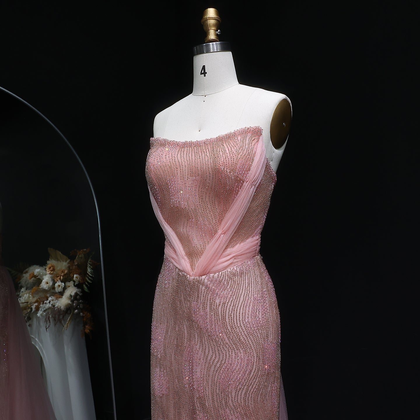 Luxury Beaded Pink Mermaid Evening Dress with Overskirt SS023