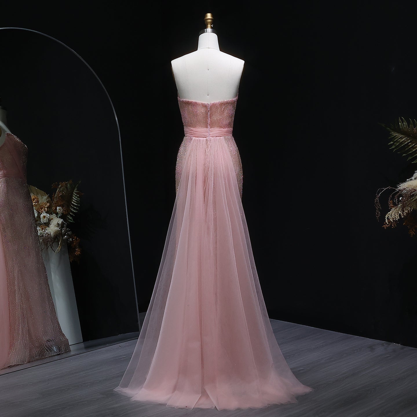 Luxury Beaded Pink Mermaid Evening Dress with Overskirt SS023