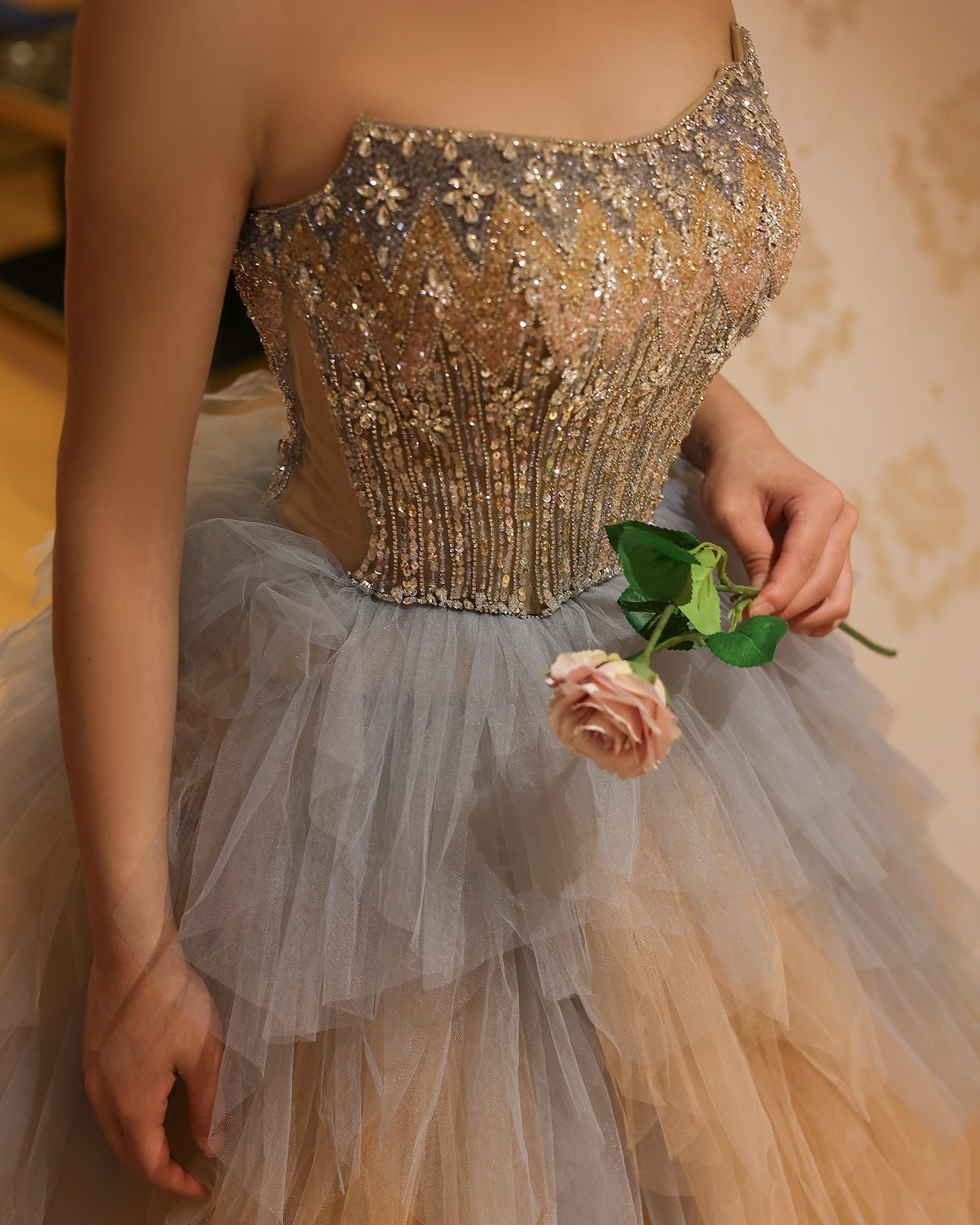 Luxury Rose Gold Ruffles Ball Gown Evening Dress SS731